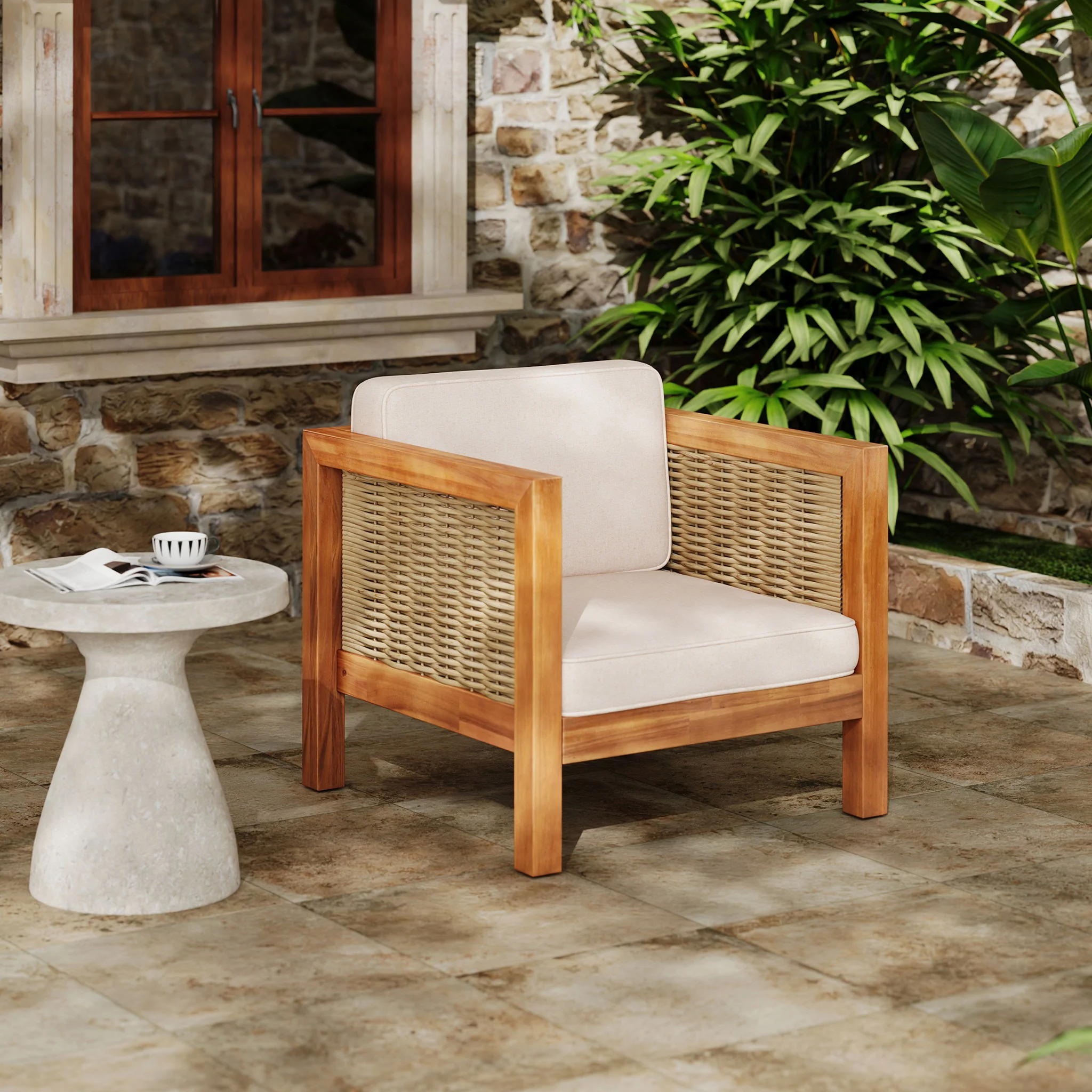 Outdoor Club Chair With Rope Arm And Cushions - Beige / Teak - Image 7