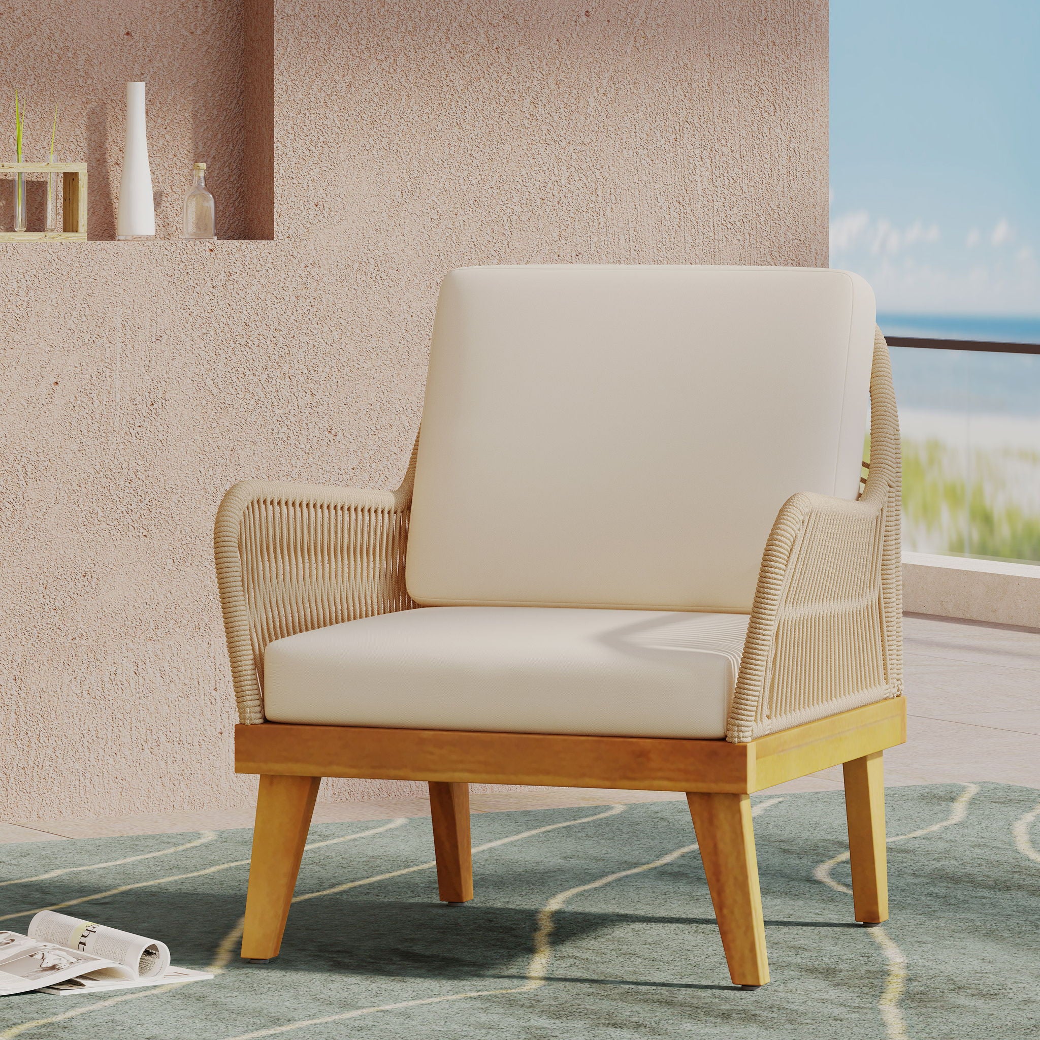 Outdoor Club Chair With Rope Weave Design - Teak - Image 3