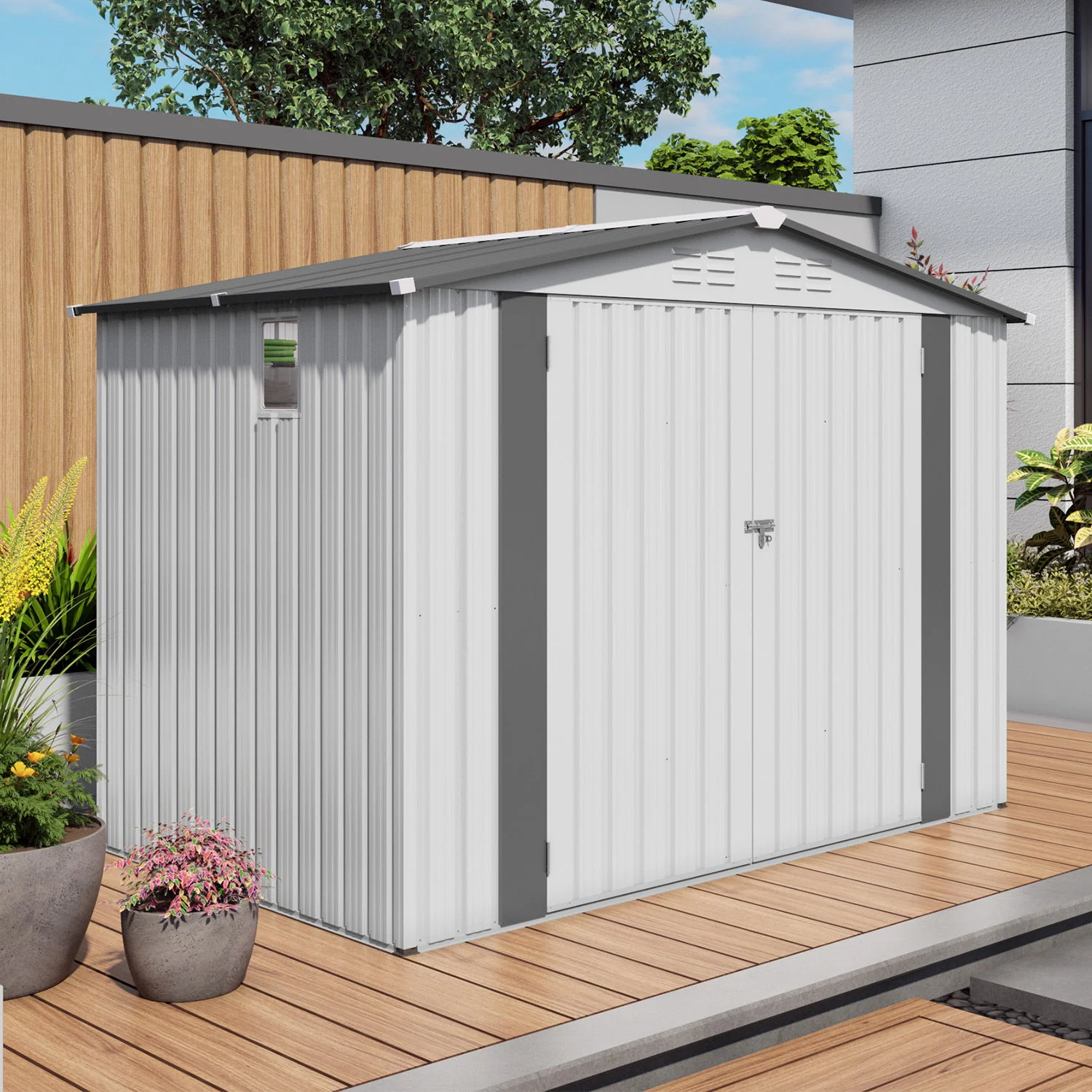 Outdoor Garden Storage Shed, Tool Shed With Pitched Roof Waterproof With 1 Window And 2 Lockable Door - White / Gray - Image 9