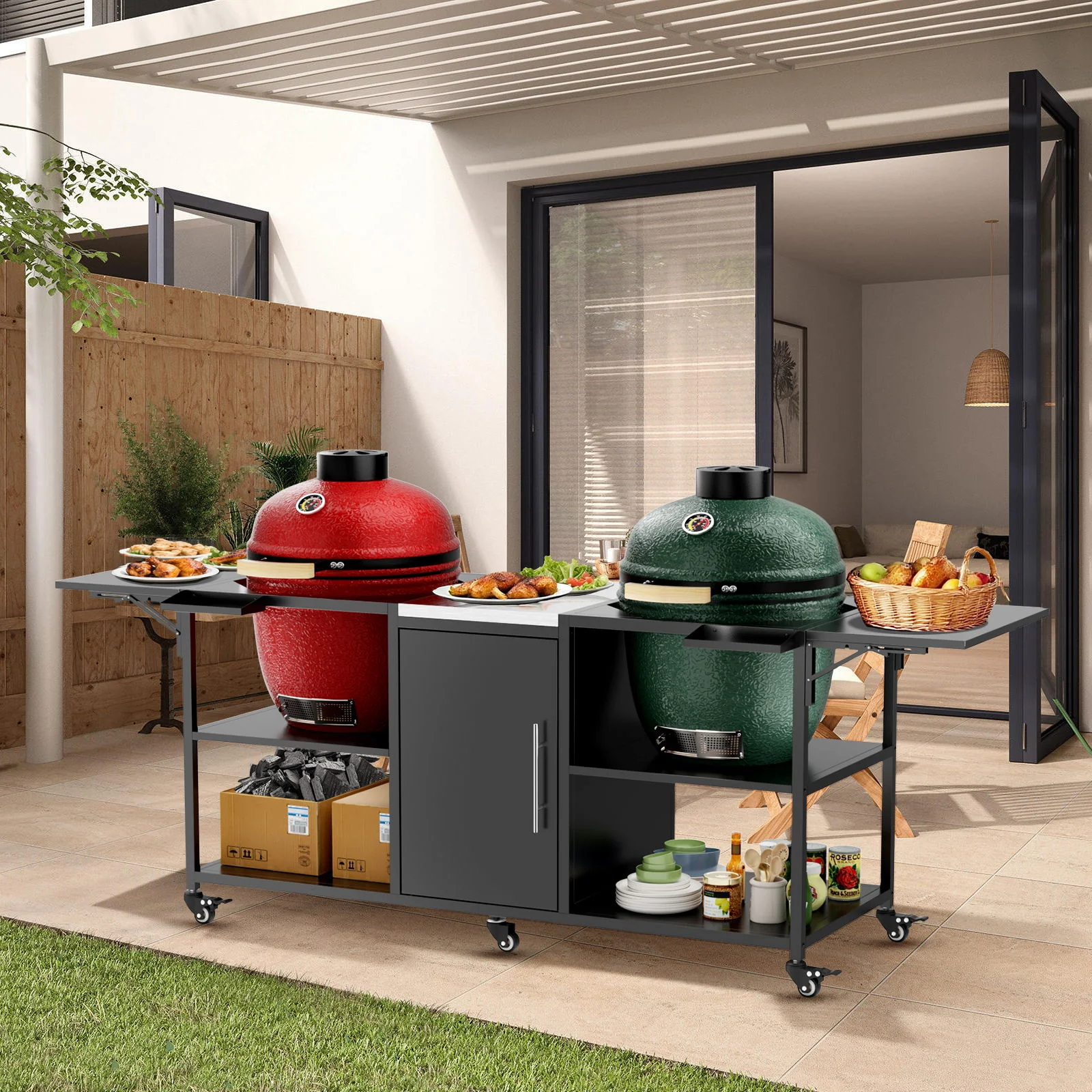 Outdoor Grill Cart For 2 Big Egg - Black / Silver - Image 9