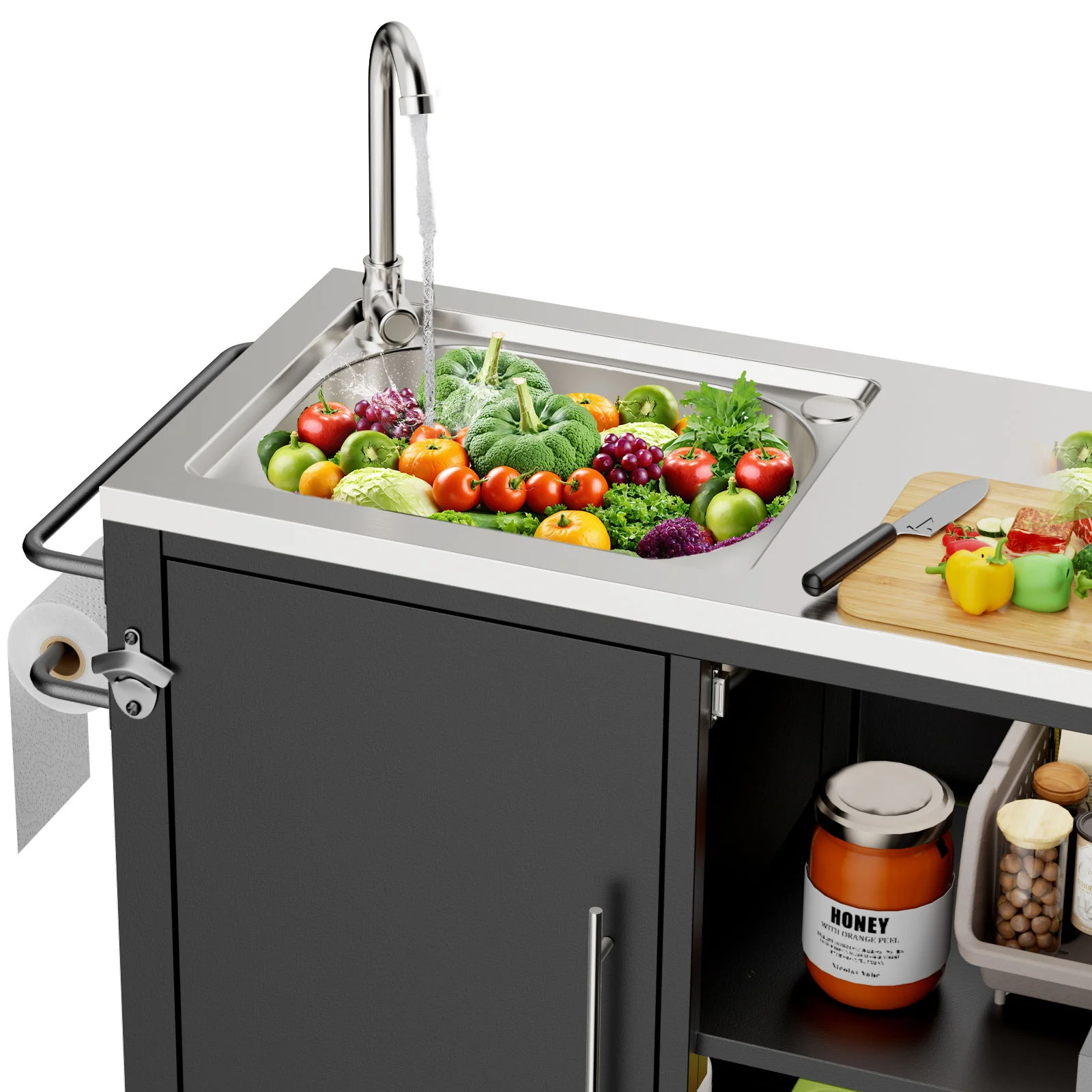Outdoor Grill Cart With 304 Stainless Steel Sink And Cabinet - Black / Silver - Image 3
