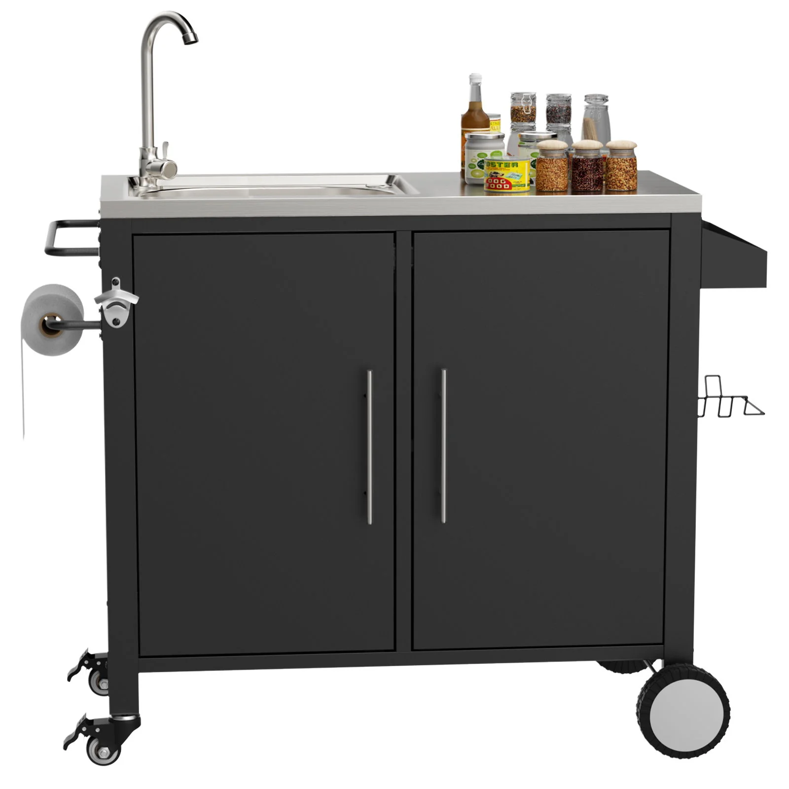 Outdoor Grill Cart With 304 Stainless Steel Sink And Cabinet - Black / Silver - Image 4