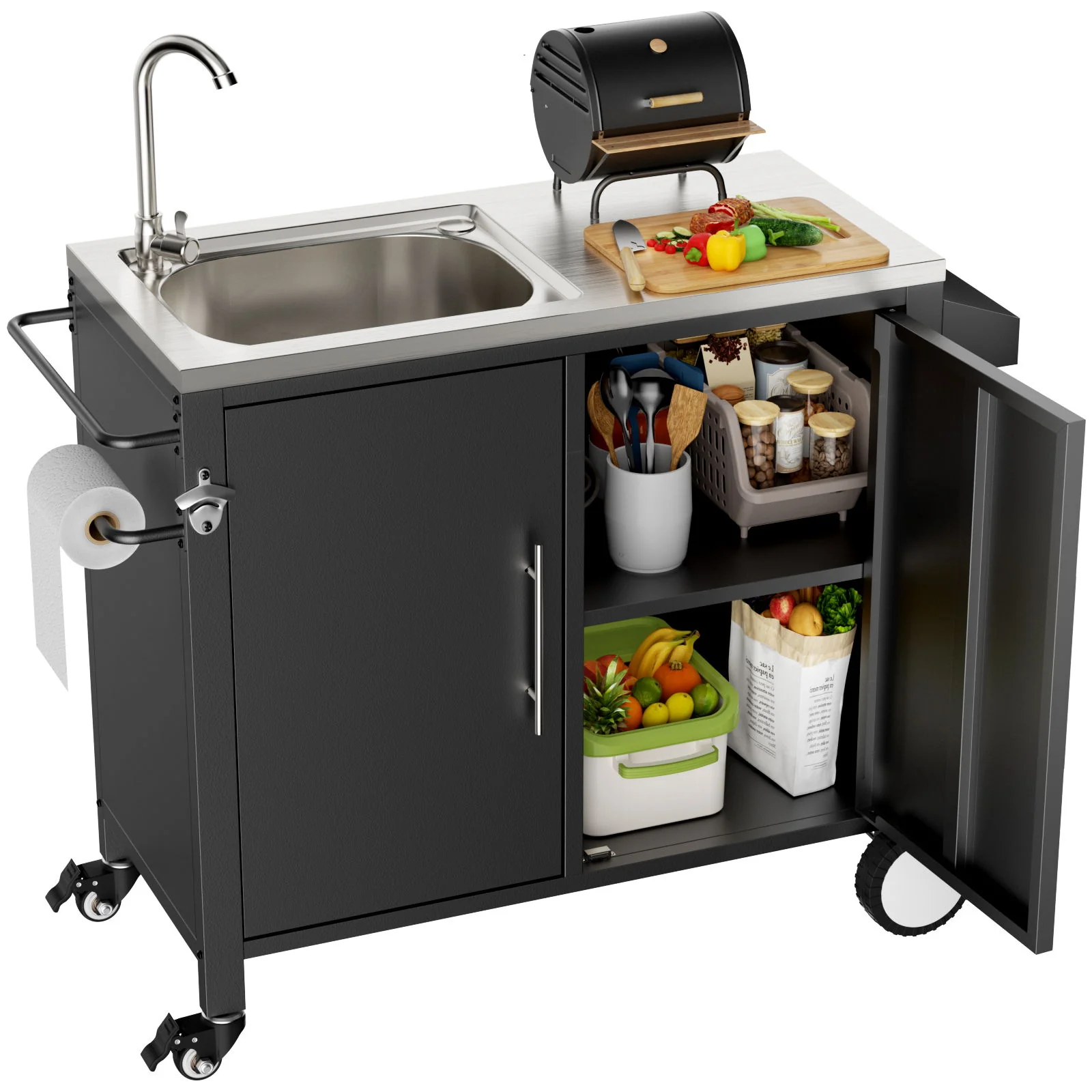 Outdoor Grill Cart With 304 Stainless Steel Sink And Cabinet - Black / Silver - Image 5
