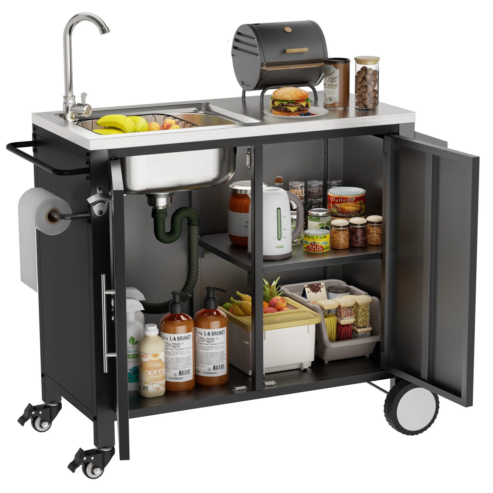 Outdoor Grill Cart With 304 Stainless Steel Sink And Cabinet - Black / Silver - Image 6