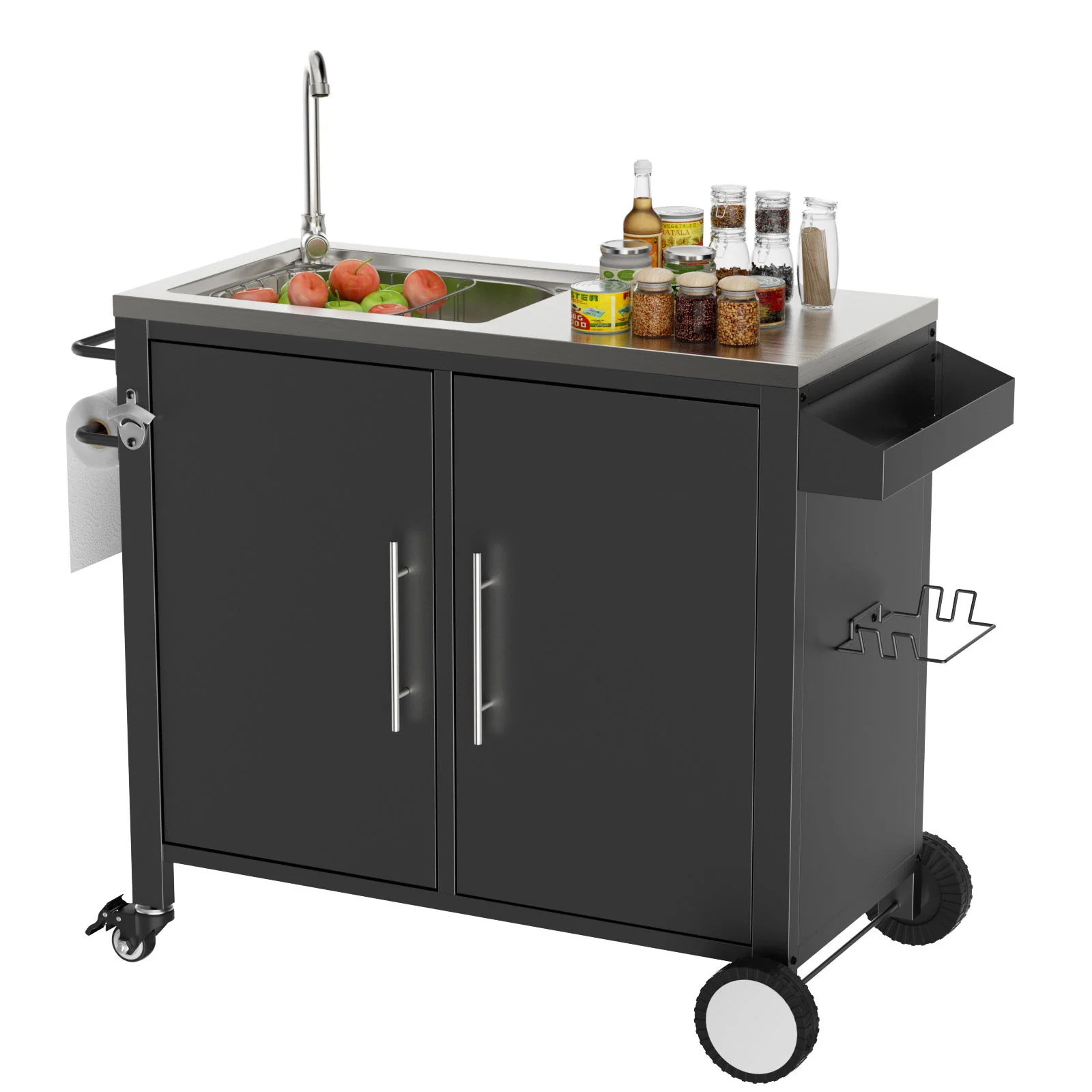 Outdoor Grill Cart With 304 Stainless Steel Sink And Cabinet - Black / Silver - Image 7