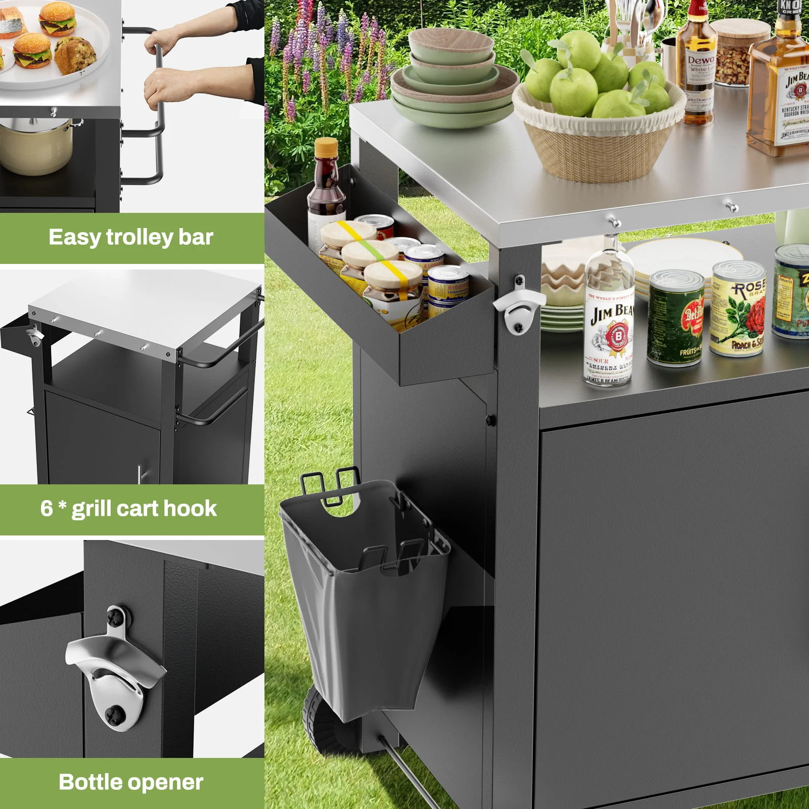 Outdoor Grill Cart With Storage, Rolling Bar Cart With Hooks And Spice Rack Stainless Steel - Image 10