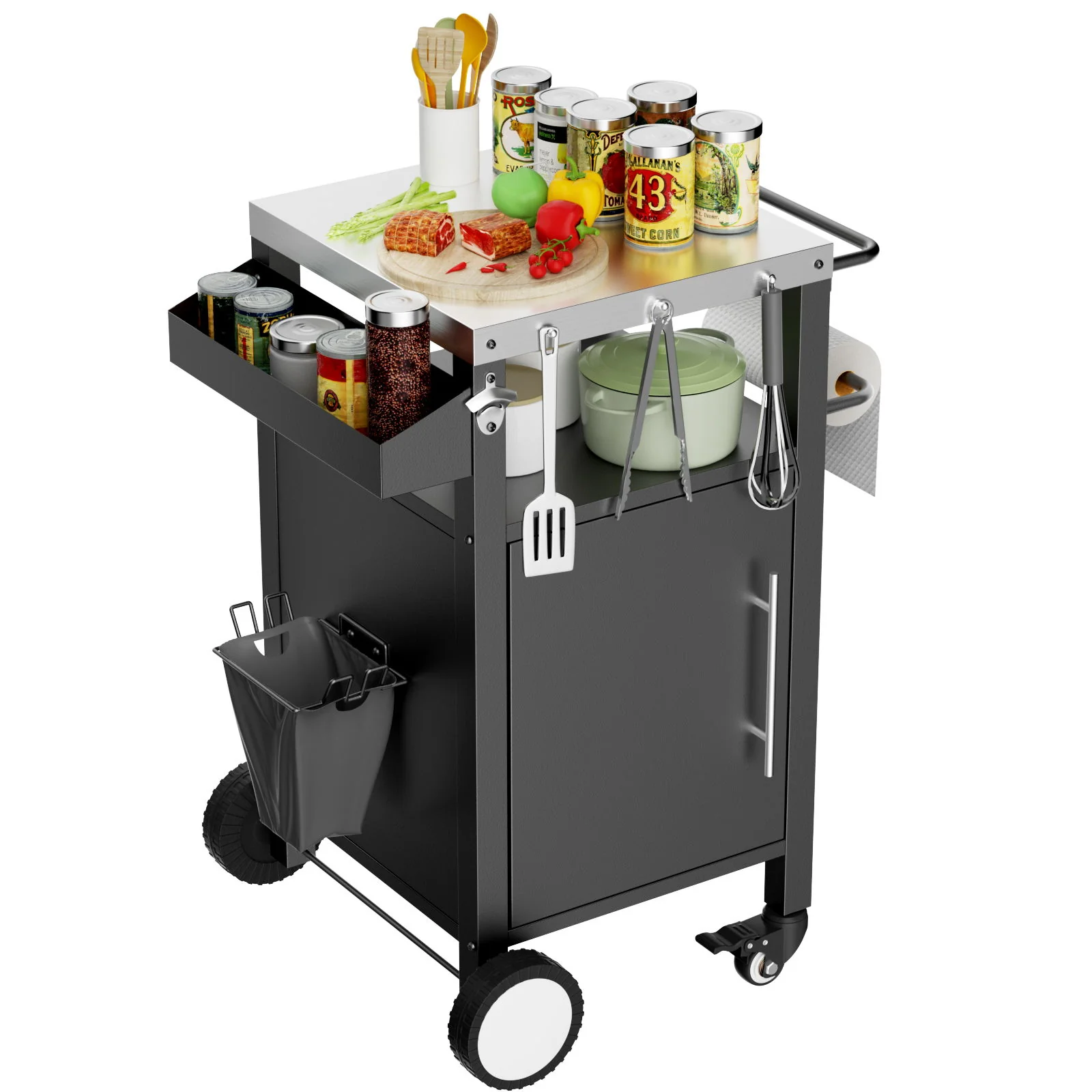 Outdoor Grill Cart With Storage, Rolling Bar Cart With Hooks And Spice Rack Stainless Steel - Image 12