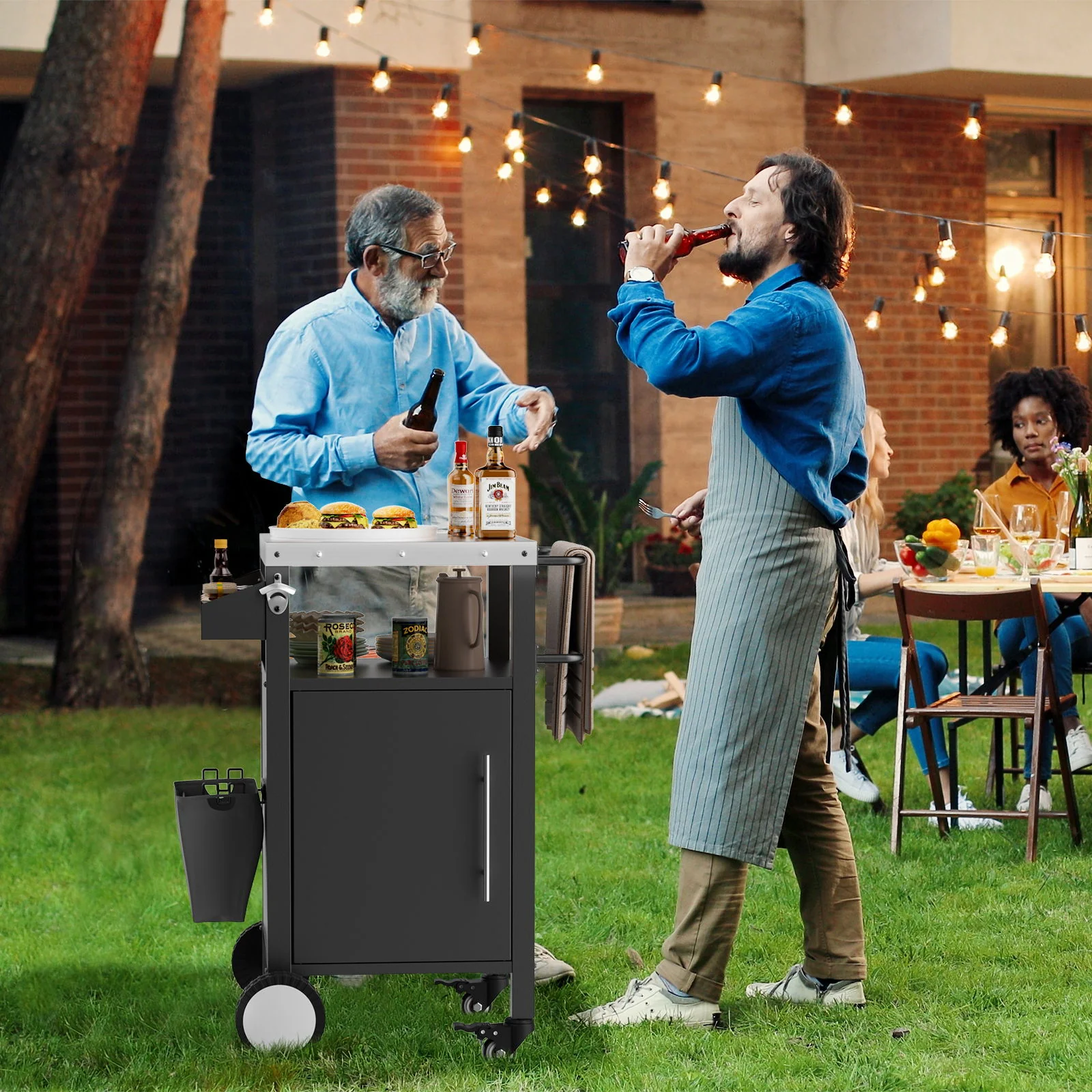 Outdoor Grill Cart With Storage, Rolling Bar Cart With Hooks And Spice Rack Stainless Steel - Image 5