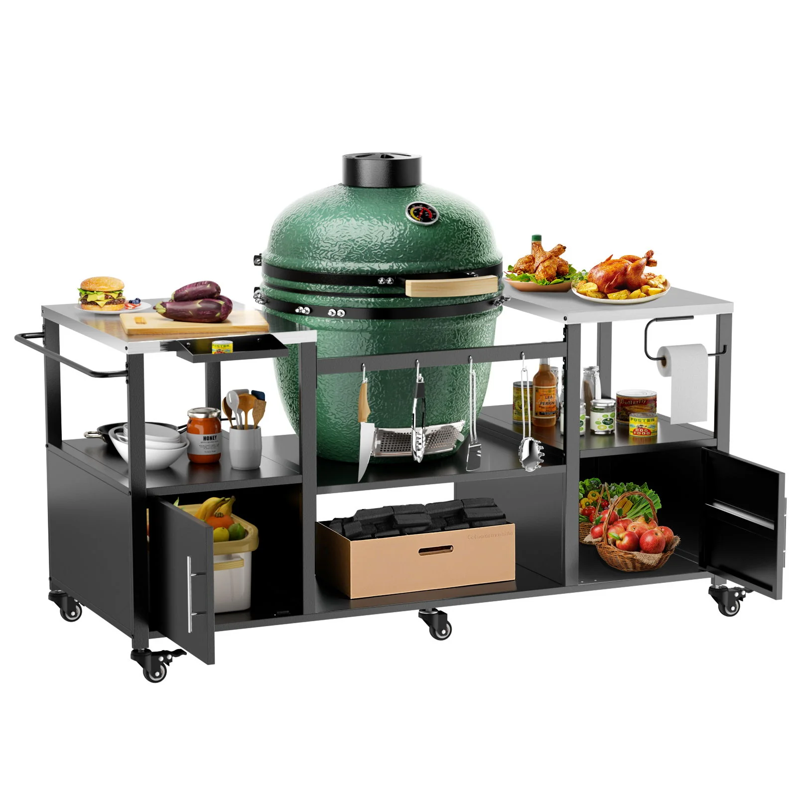 Outdoor Grill Table For Big Egg Style Bbq With Metal Grill Cart And Storage Box And Metal And Stainless Steel - Black / Silver - Image 3