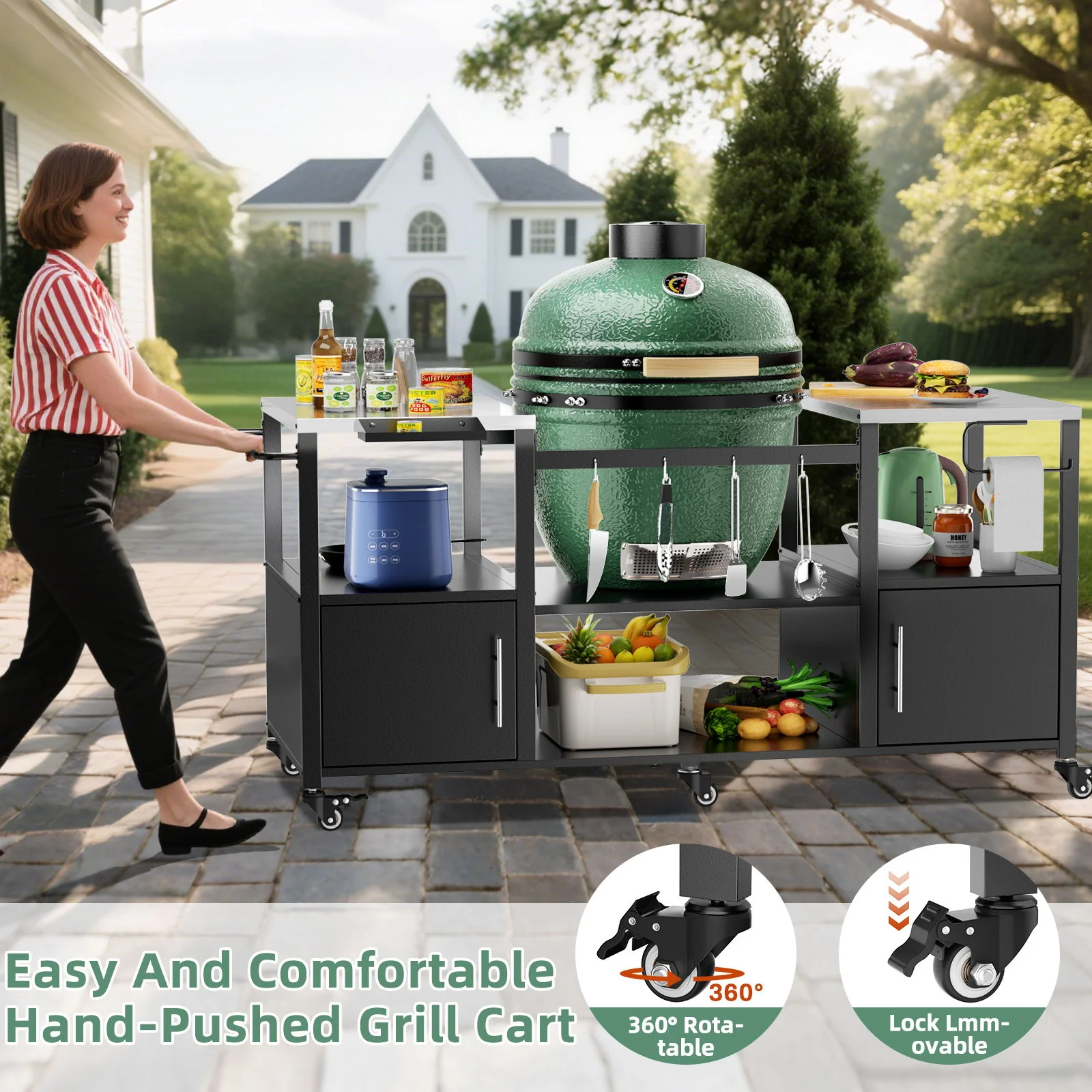 Outdoor Grill Table For Big Egg Style Bbq With Metal Grill Cart And Storage Box And Metal And Stainless Steel - Black / Silver - Image 6