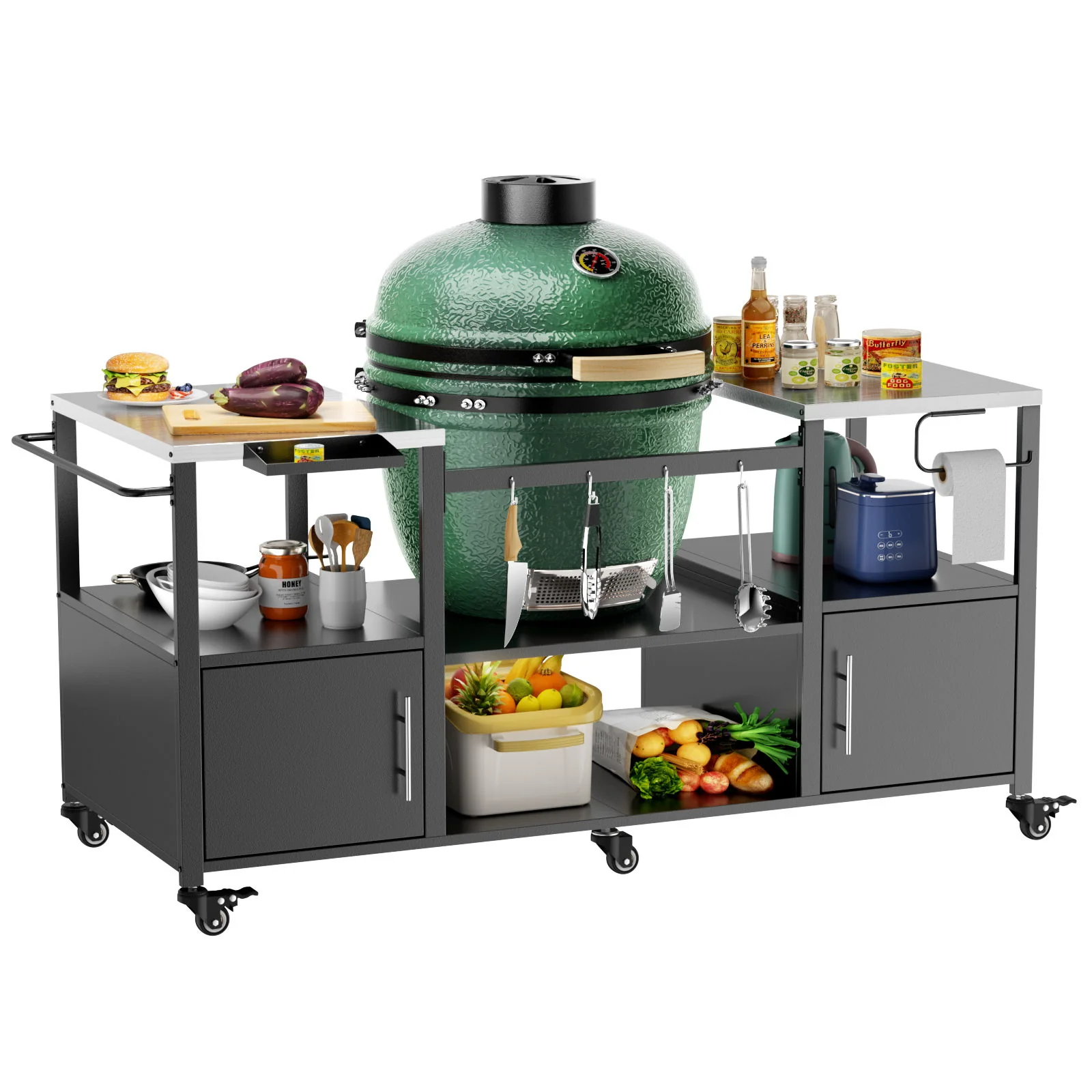 Outdoor Grill Table For Big Egg Style Bbq With Metal Grill Cart And Storage Box And Metal And Stainless Steel - Black / Silver - Image 9