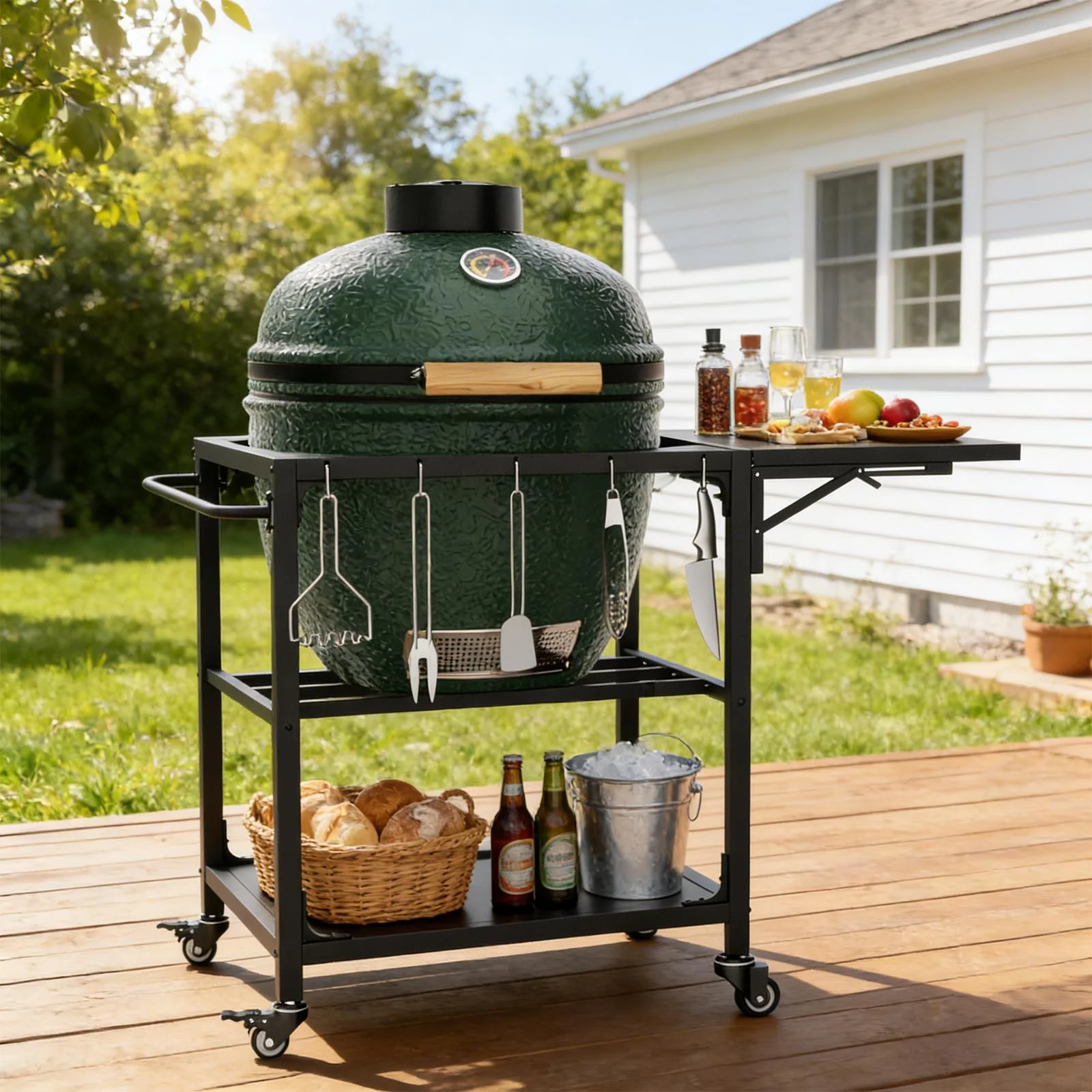 Outdoor Grill Table, Prep Cart With Wheels, Storage Shelf And Hooks - Black - Image 5