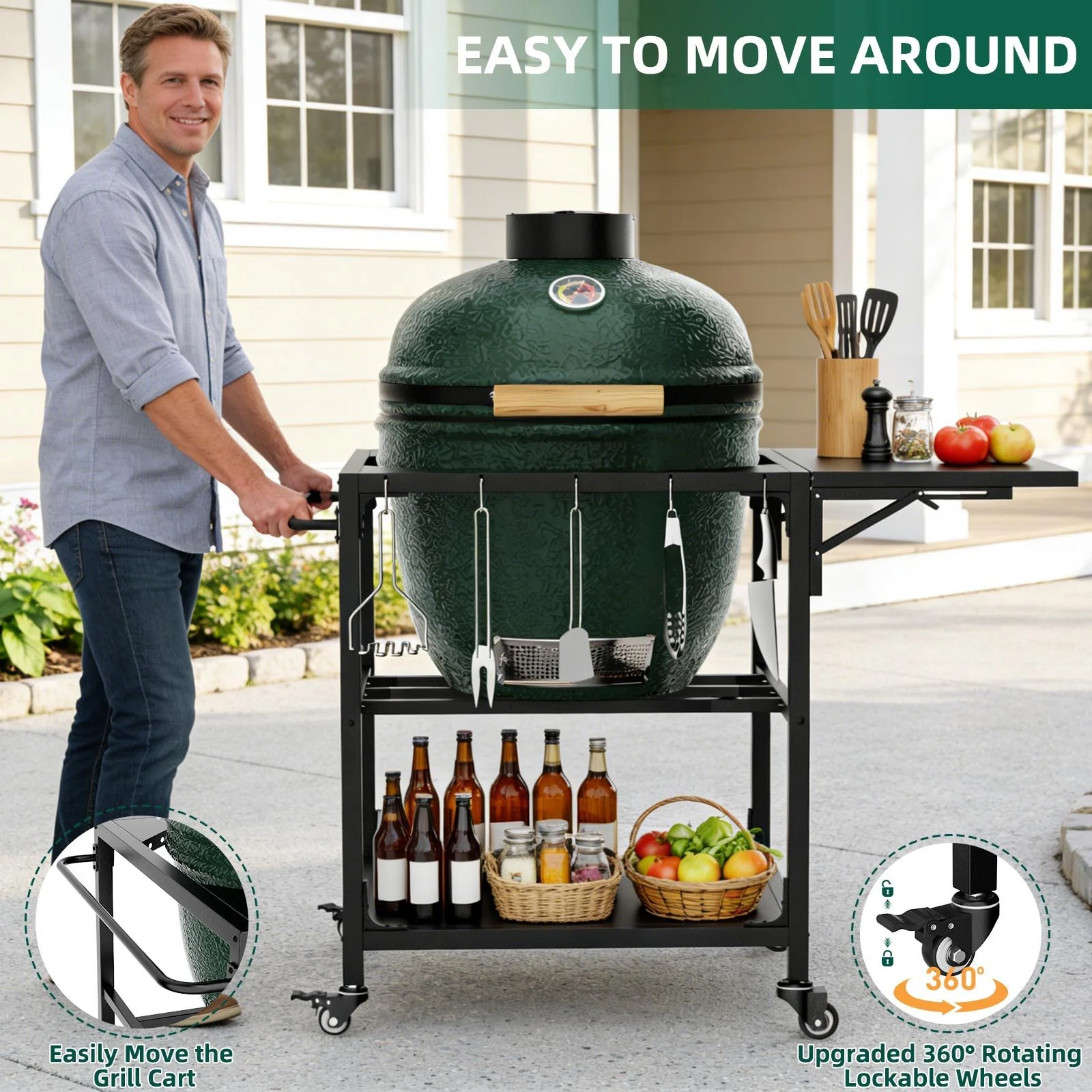 Outdoor Grill Table, Prep Cart With Wheels, Storage Shelf And Hooks - Black - Image 7