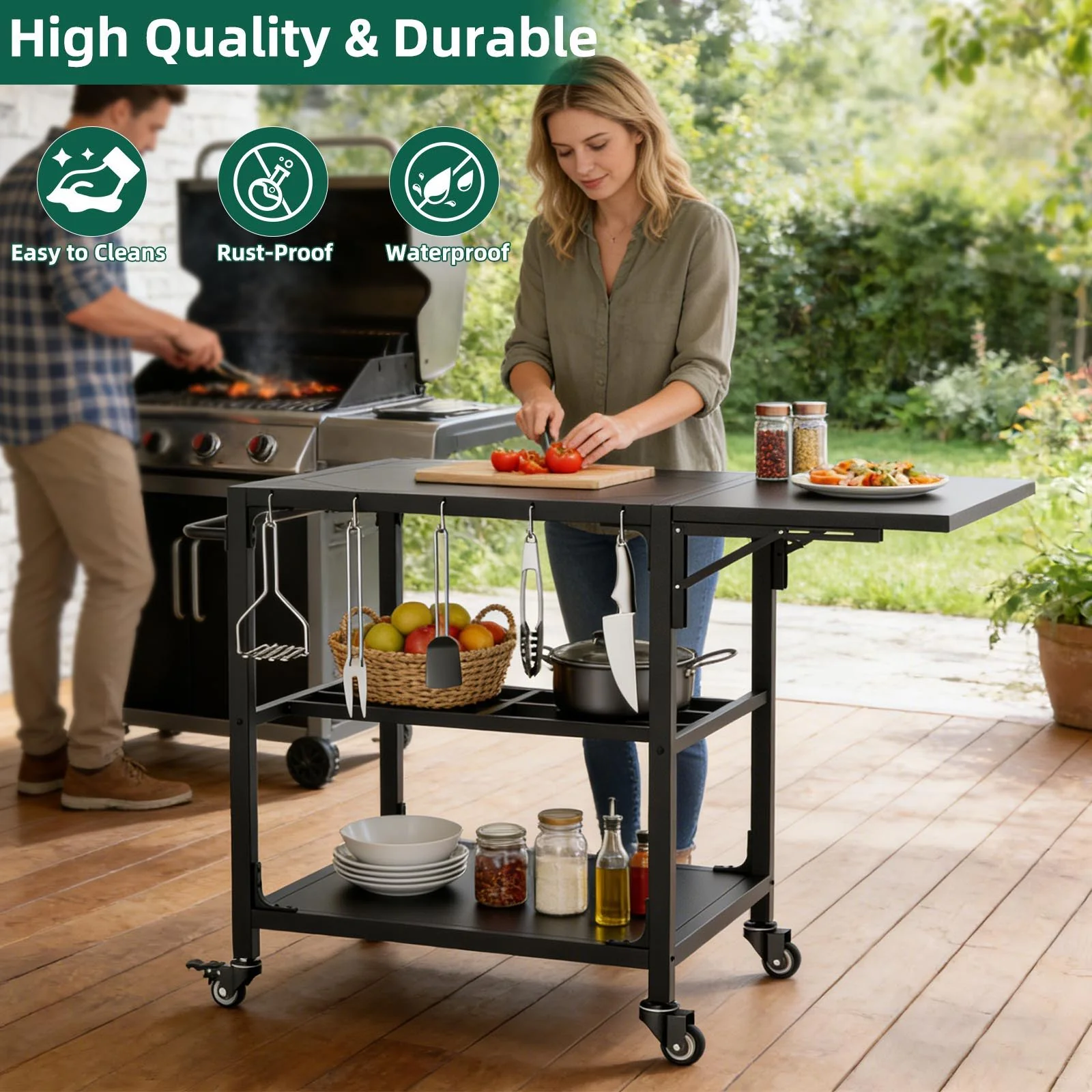 Outdoor Grill Table, Prep Cart With Wheels, Storage Shelf And Hooks - Black - Image 8