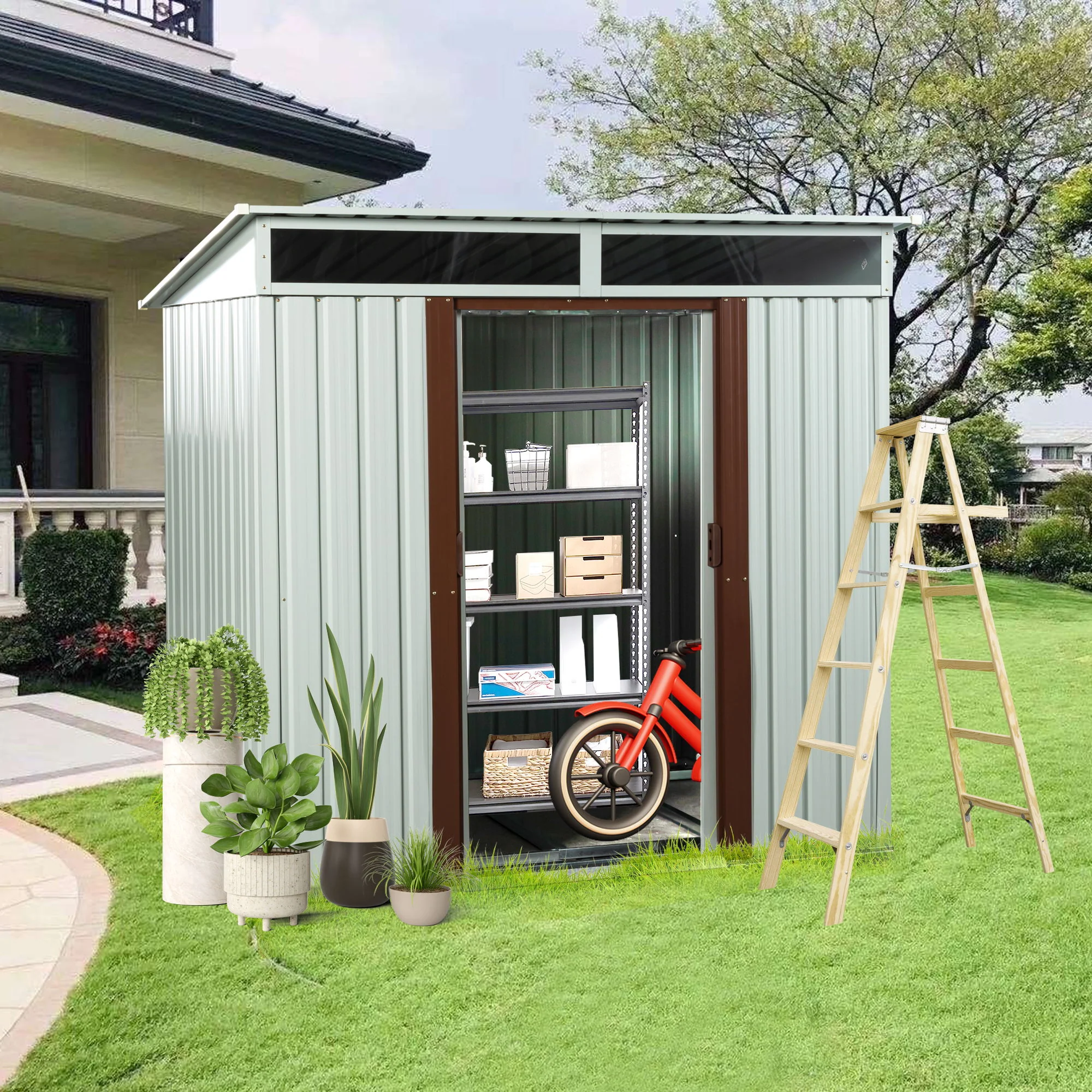 Outdoor Metal Storage Shed Garden Building Weather Resistant Iron 6x5ft - Image 10
