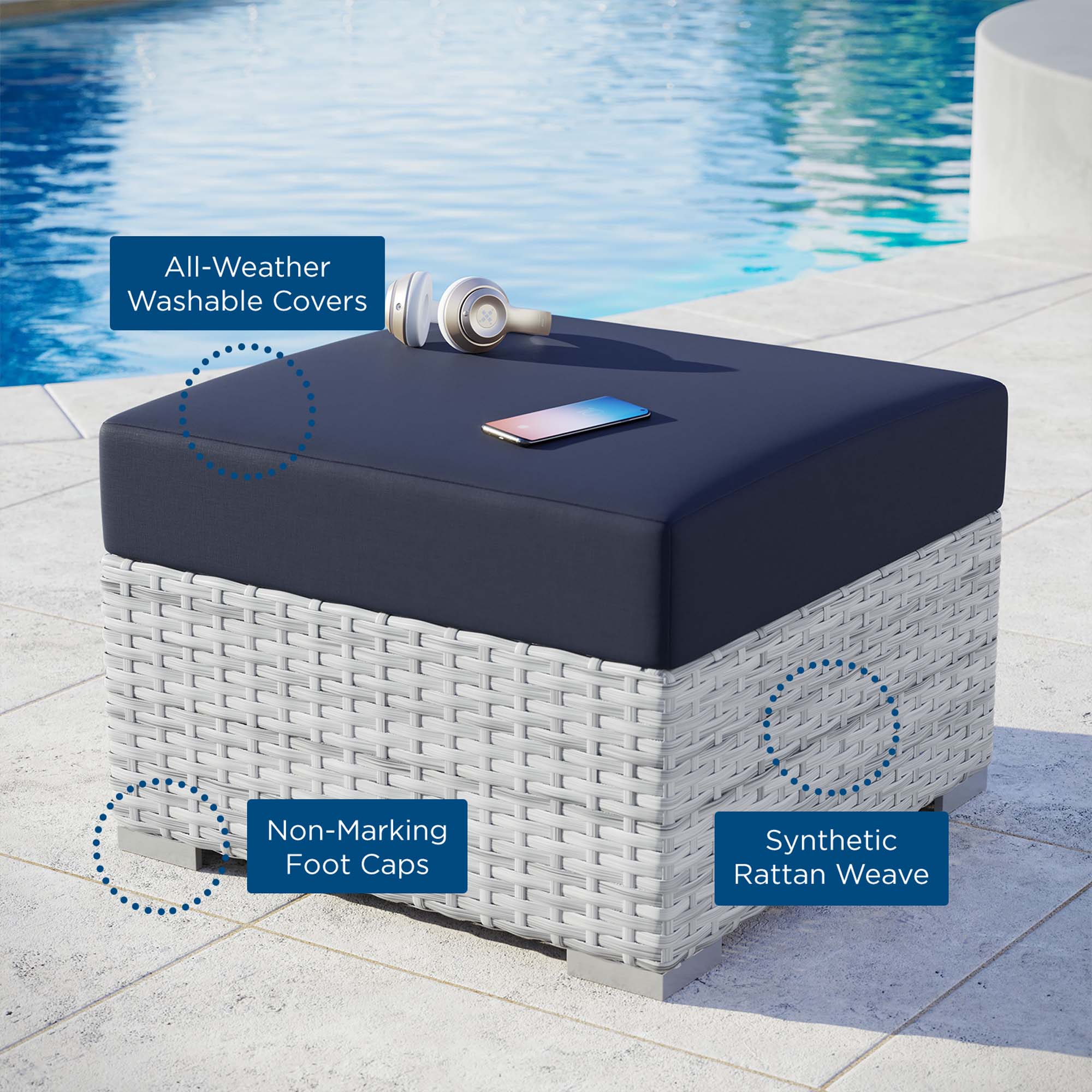 Outdoor Patio Wicker Ottoman with Cushioned Top and Weather-Resistant All-Season Design - Image 2