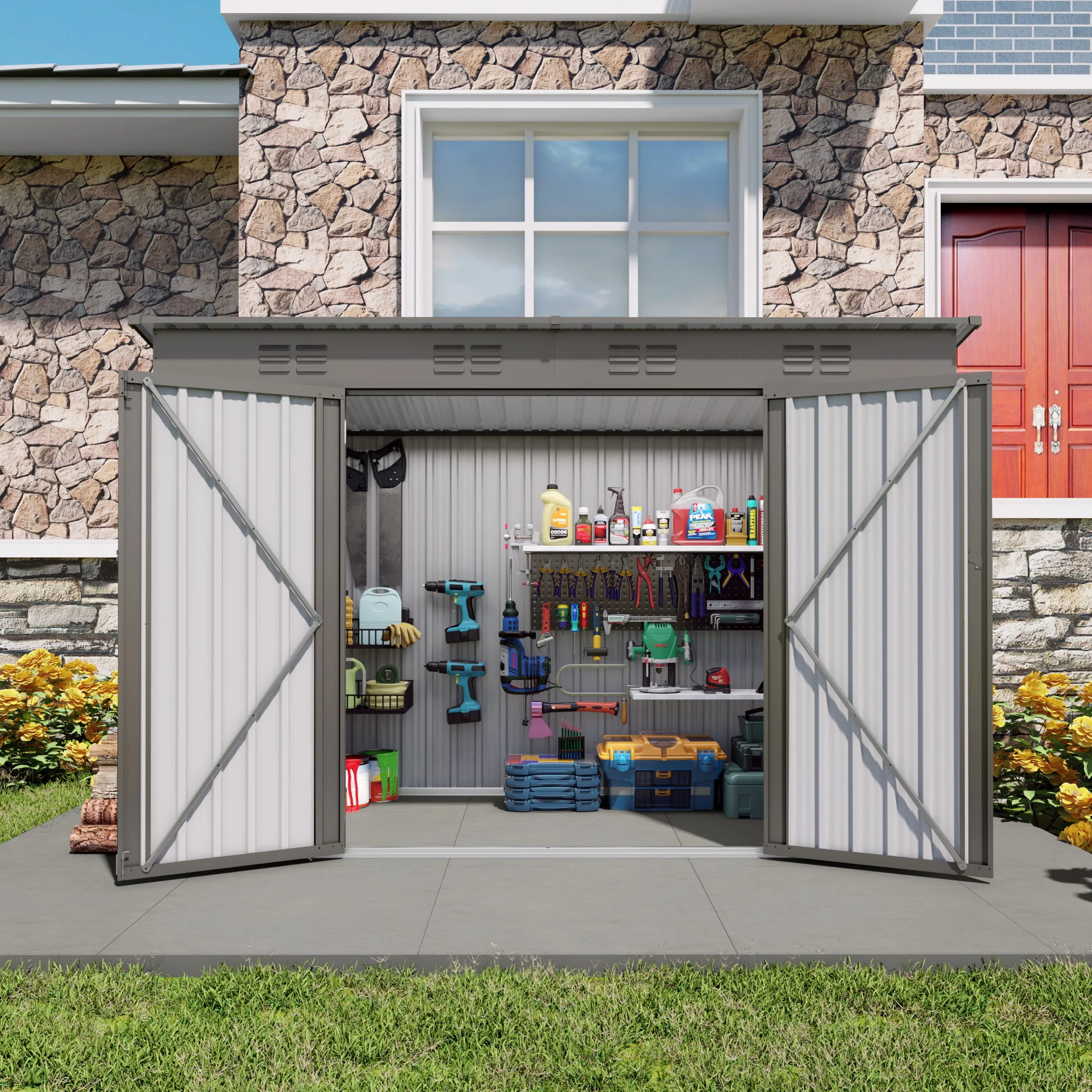 Outdoor Storage Shed, Tool House With Sloping Roof, 6 Vents And 2 Swing Doors For Backyard - Gray - Image 4