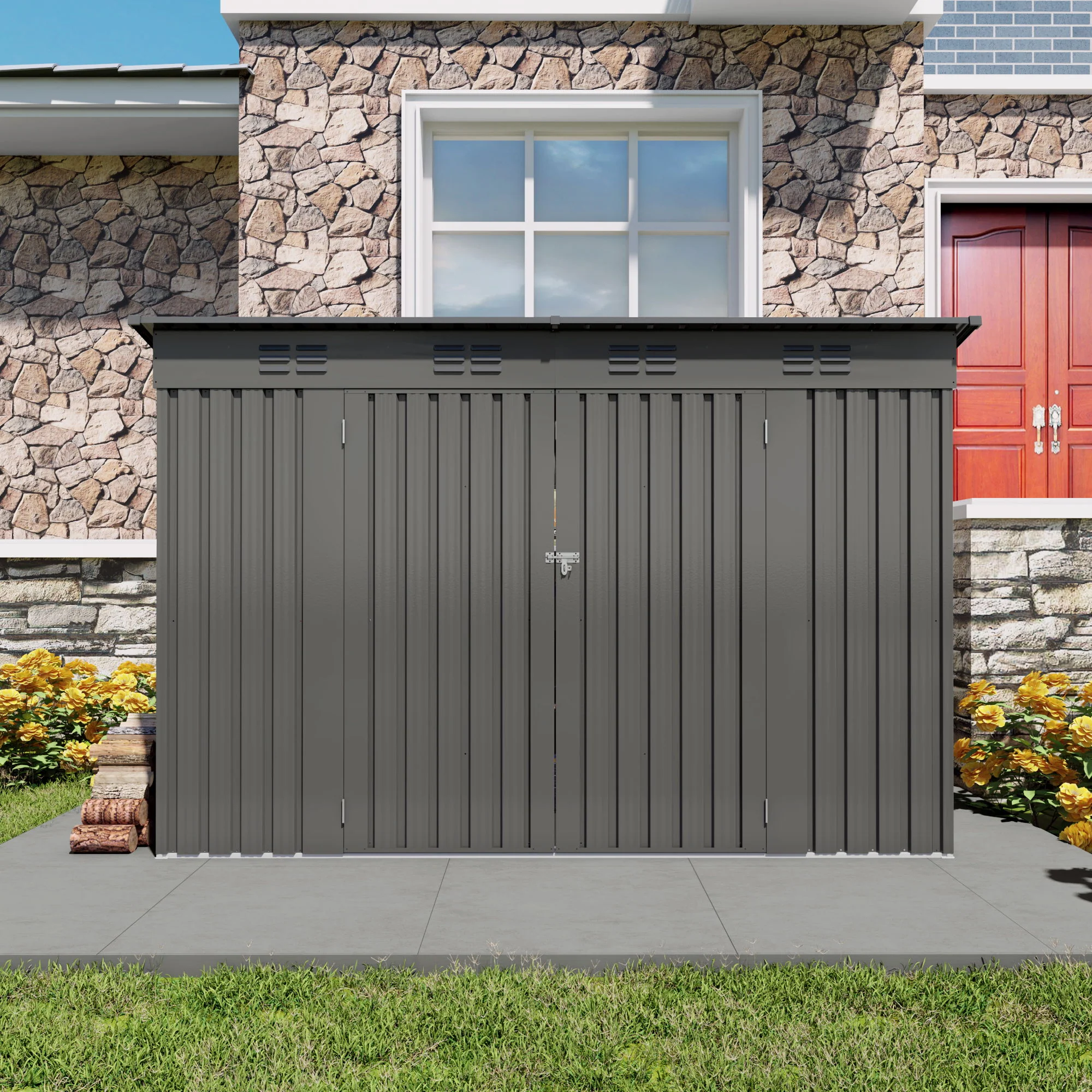 Outdoor Storage Shed, Tool House With Sloping Roof, 6 Vents And 2 Swing Doors For Backyard - Gray - Image 5