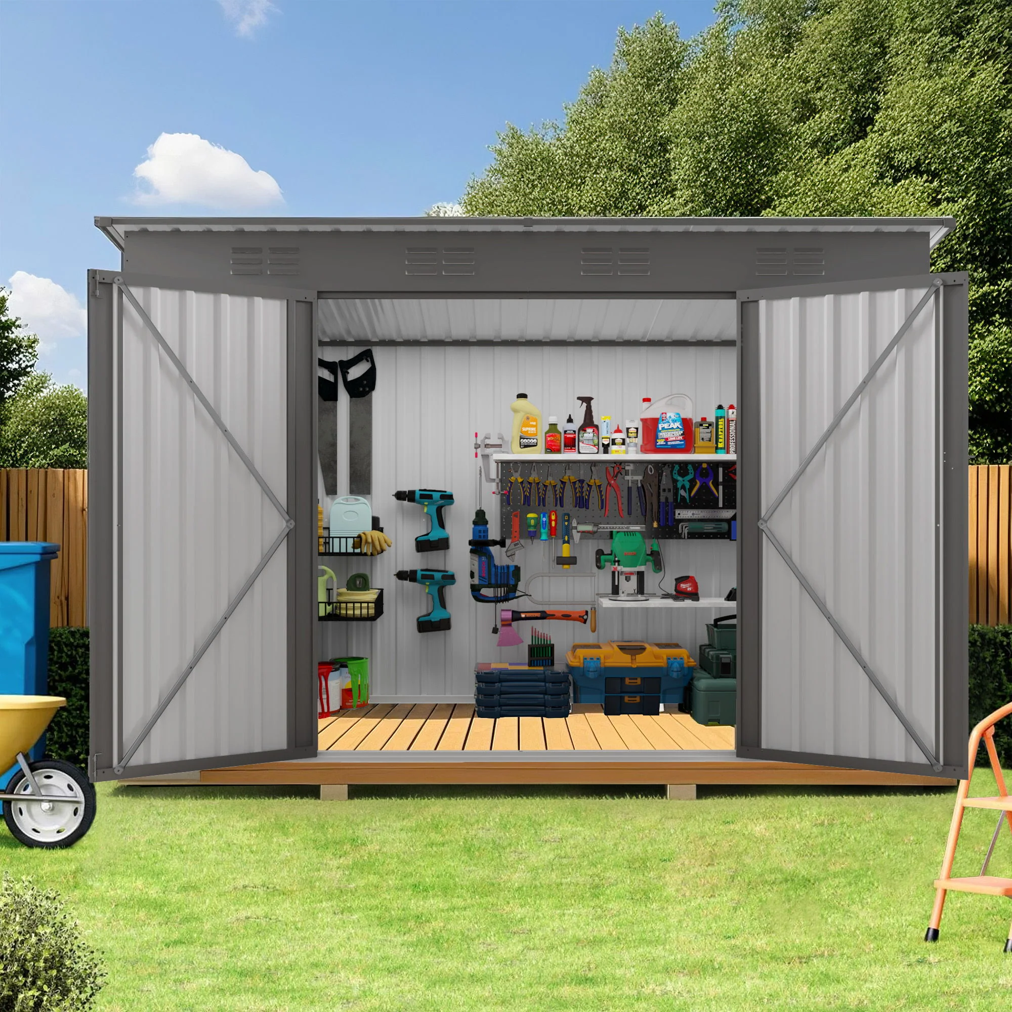 Outdoor Storage Shed, Tool House With Sloping Roof, 6 Vents And 2 Swing Doors For Backyard - Gray - Image 7