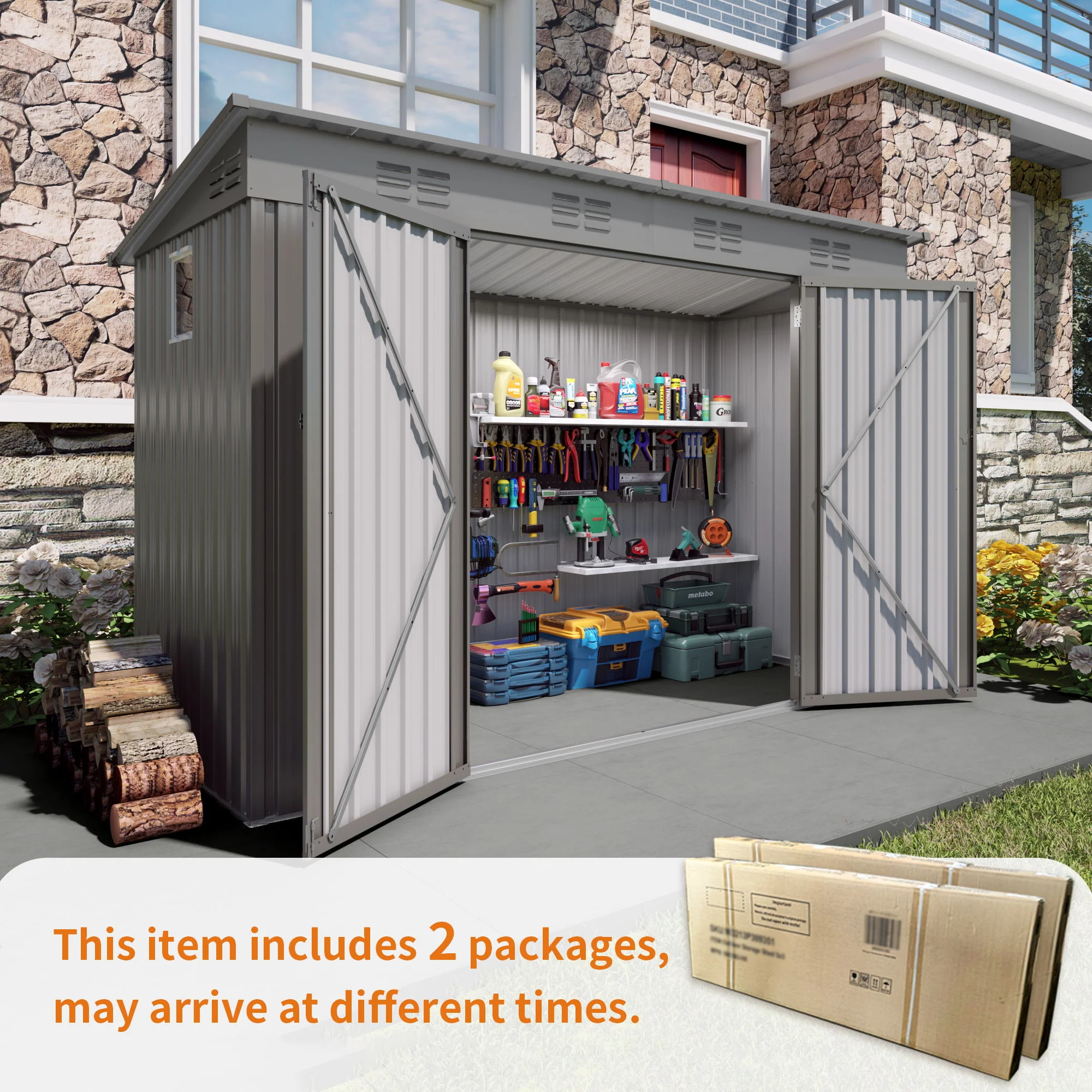 Outdoor Storage Shed, Tool House With Sloping Roof, 6 Vents And 2 Swing Doors For Backyard - Gray - Image 9