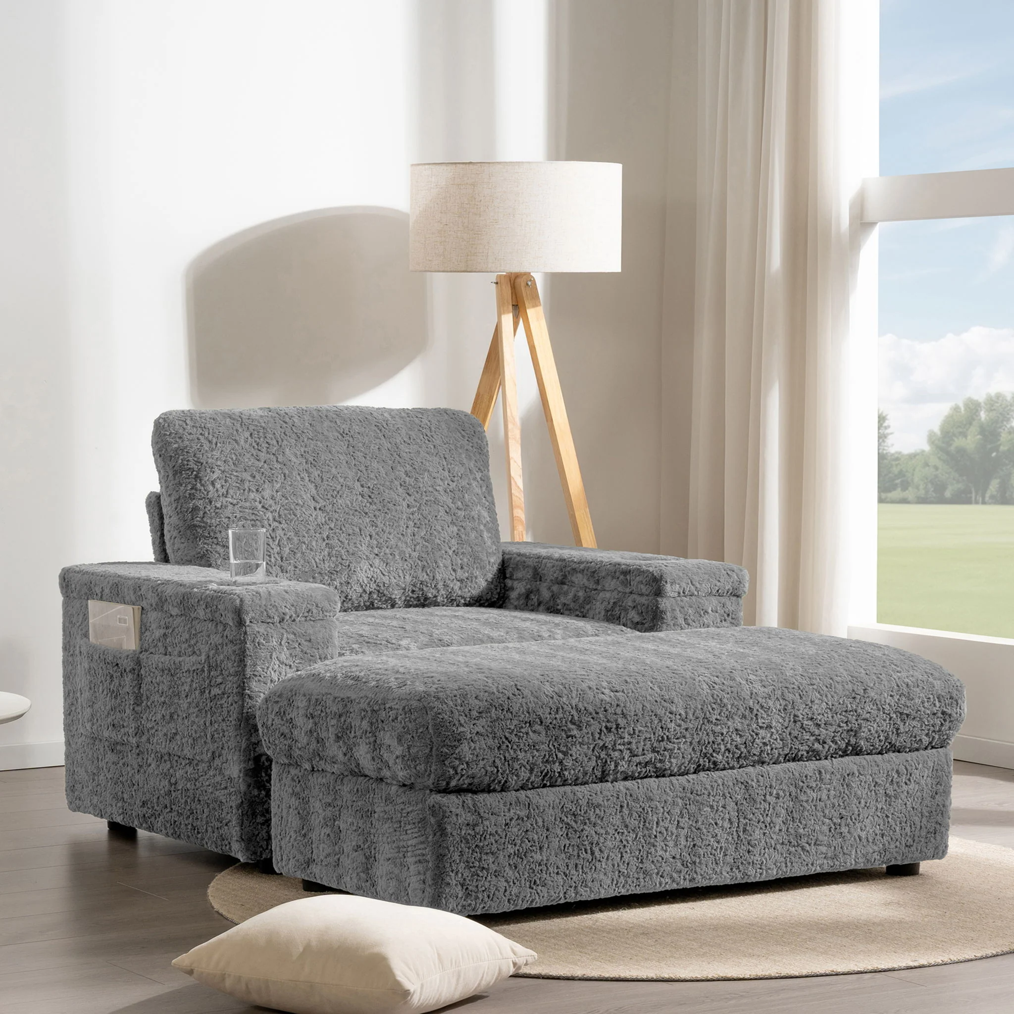 Oversized Chaise Lounge Indoor Rabbit Fur Sofa Bed With Storage Ottoman And Armrests Cup Holders With Deep Seat - Image 31