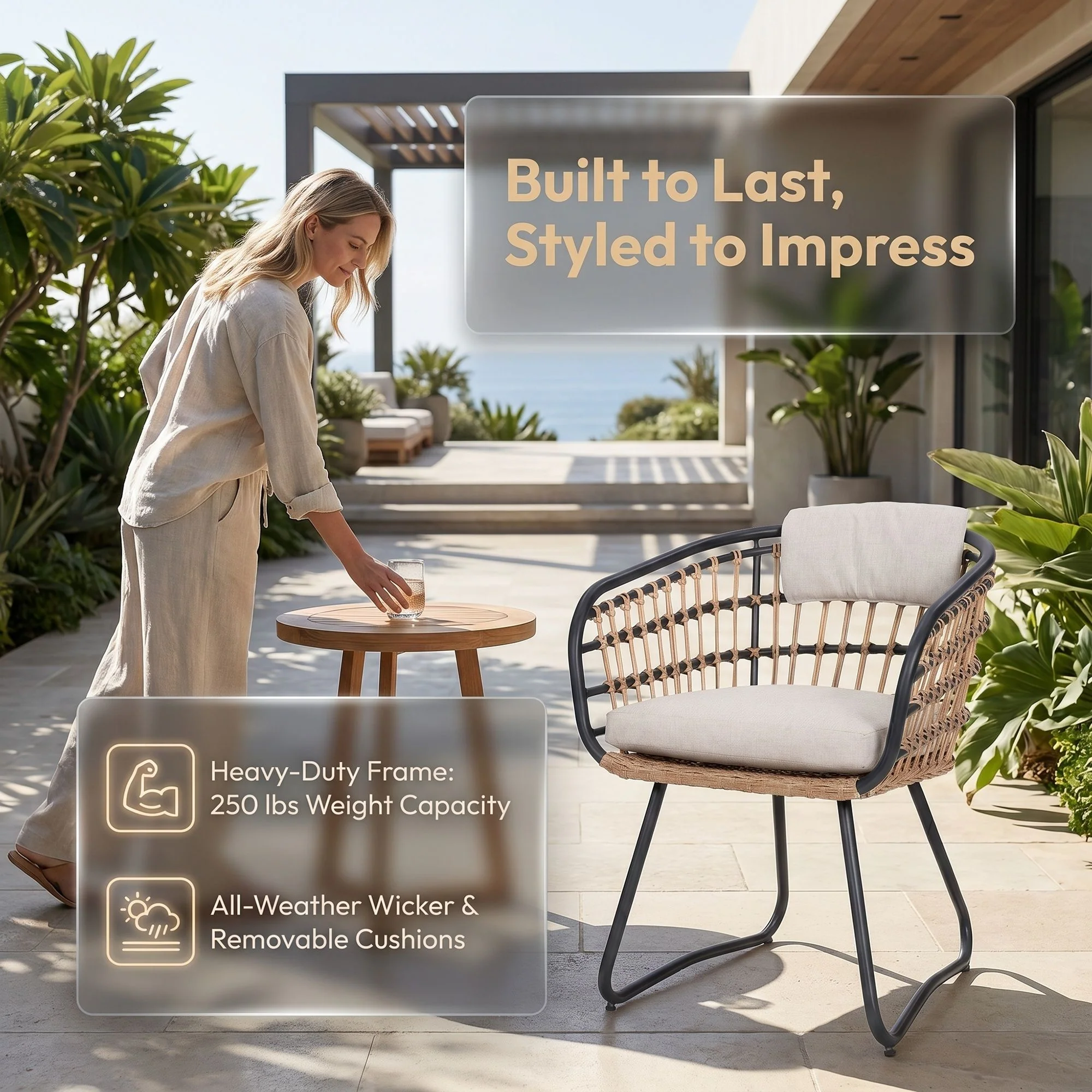 Patio All Weather Armchairs With Cushions (Set of 2) - Beige - Image 5