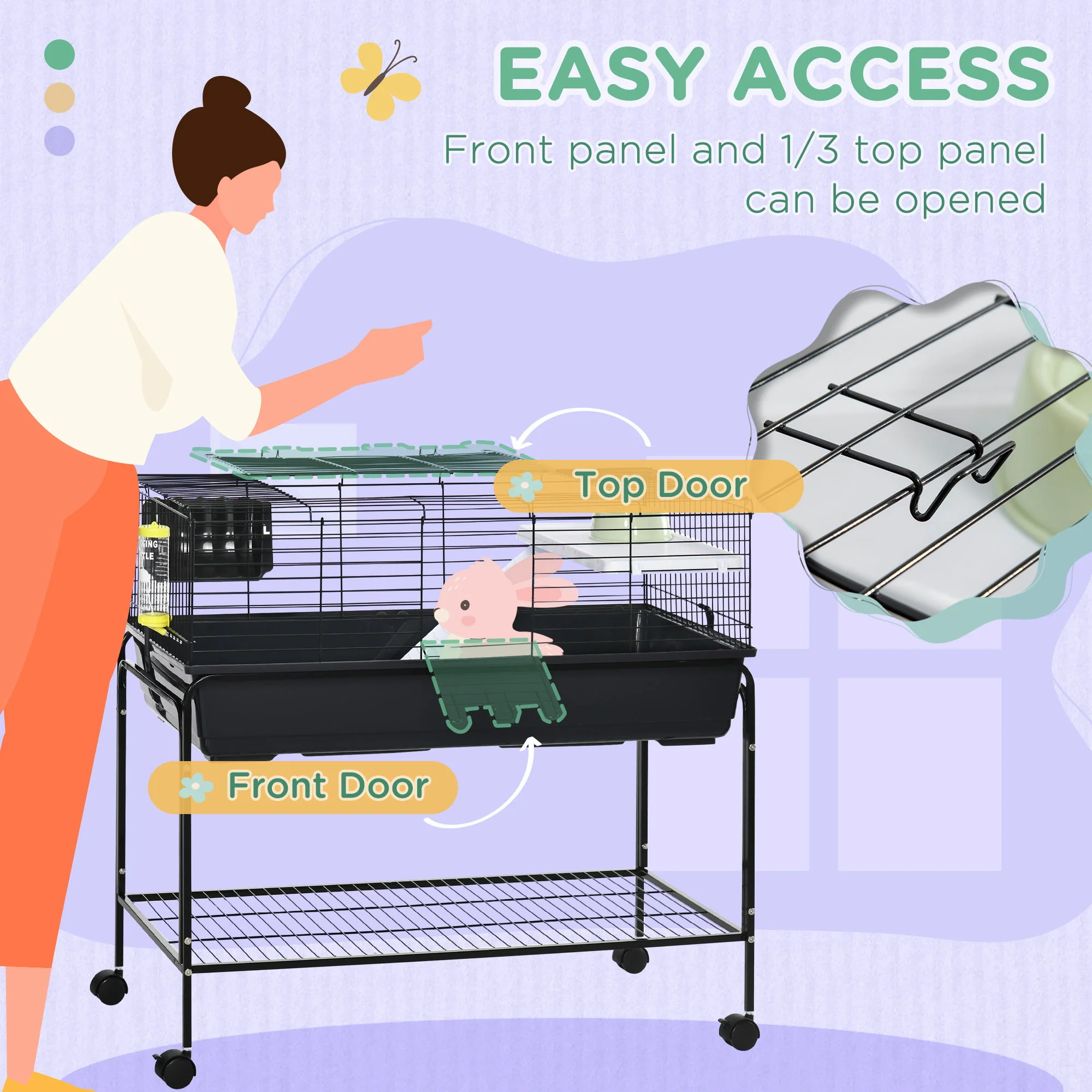 Pawhut - Two-Story Small Animal Cage Removable From Stand, Guinea Pig Cage, Hedgehog Cage, Chinchilla Cage, Ferret, With Shelf & Wheels, Pet Habitat - Black - Image 7