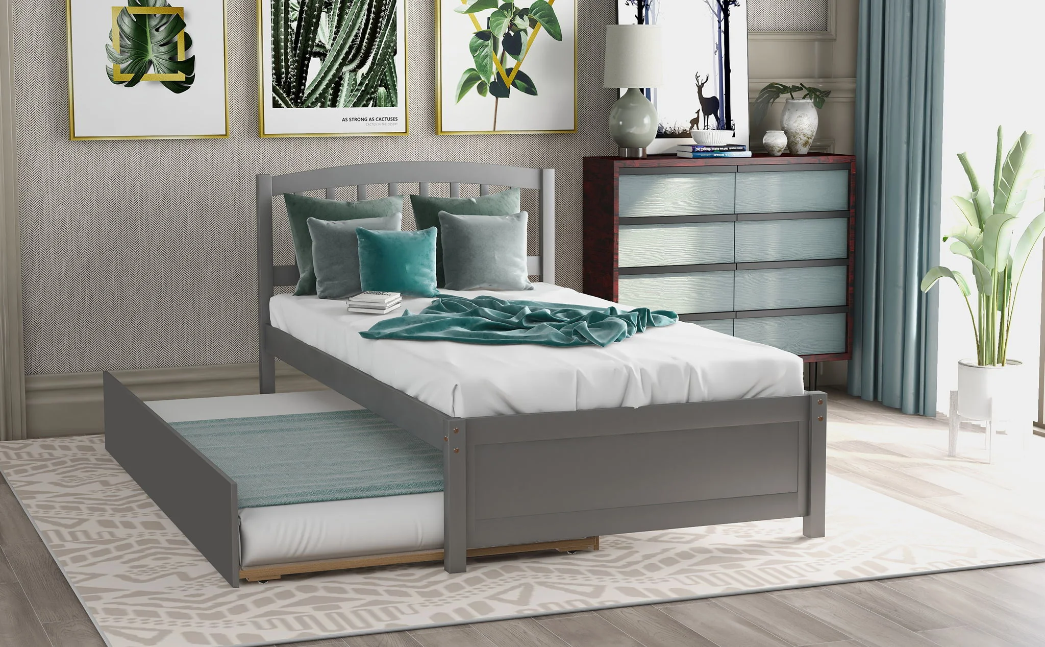Platform Bed Wood Bed Frame With Trundle - Image 21