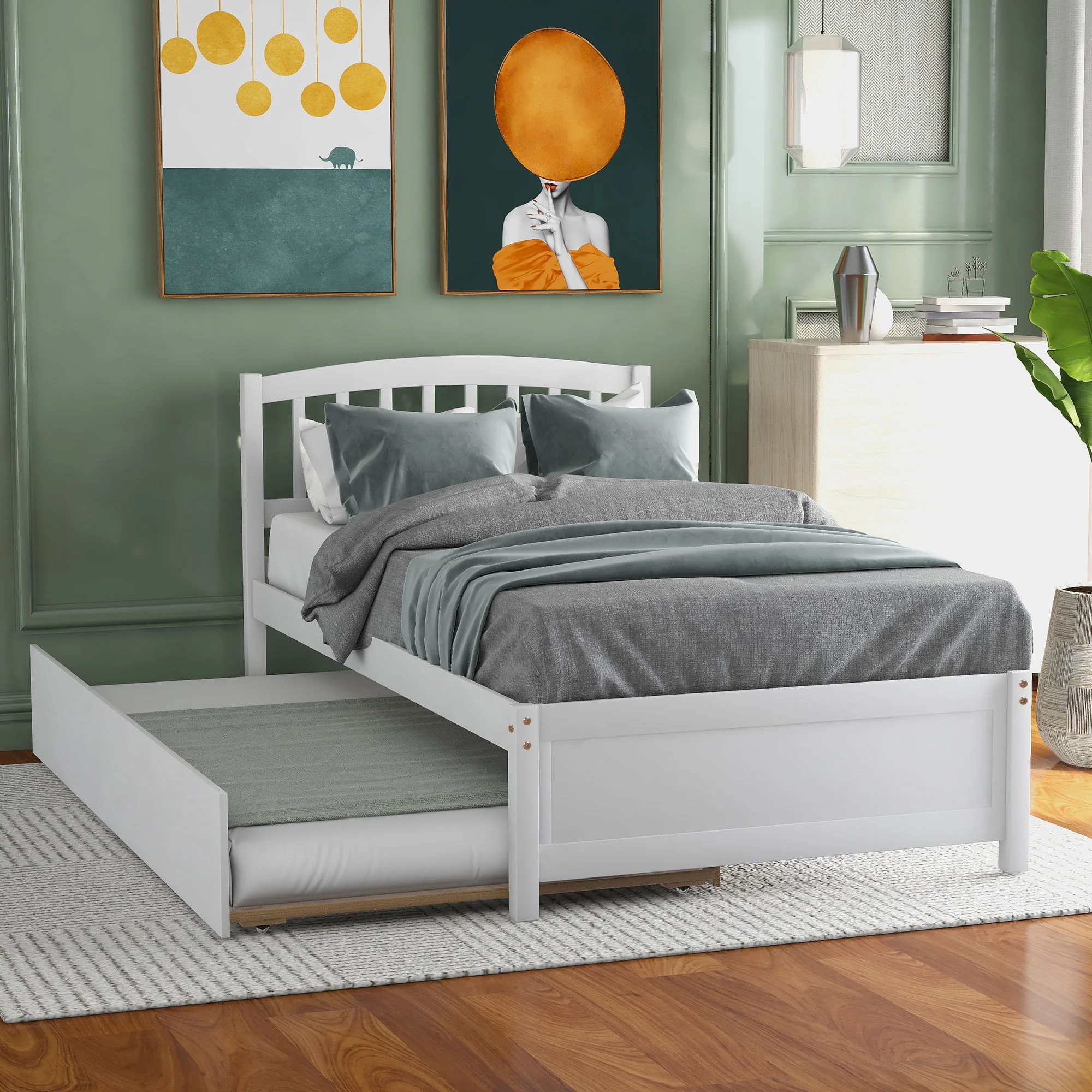 Platform Bed Wood Bed Frame With Trundle - Image 3