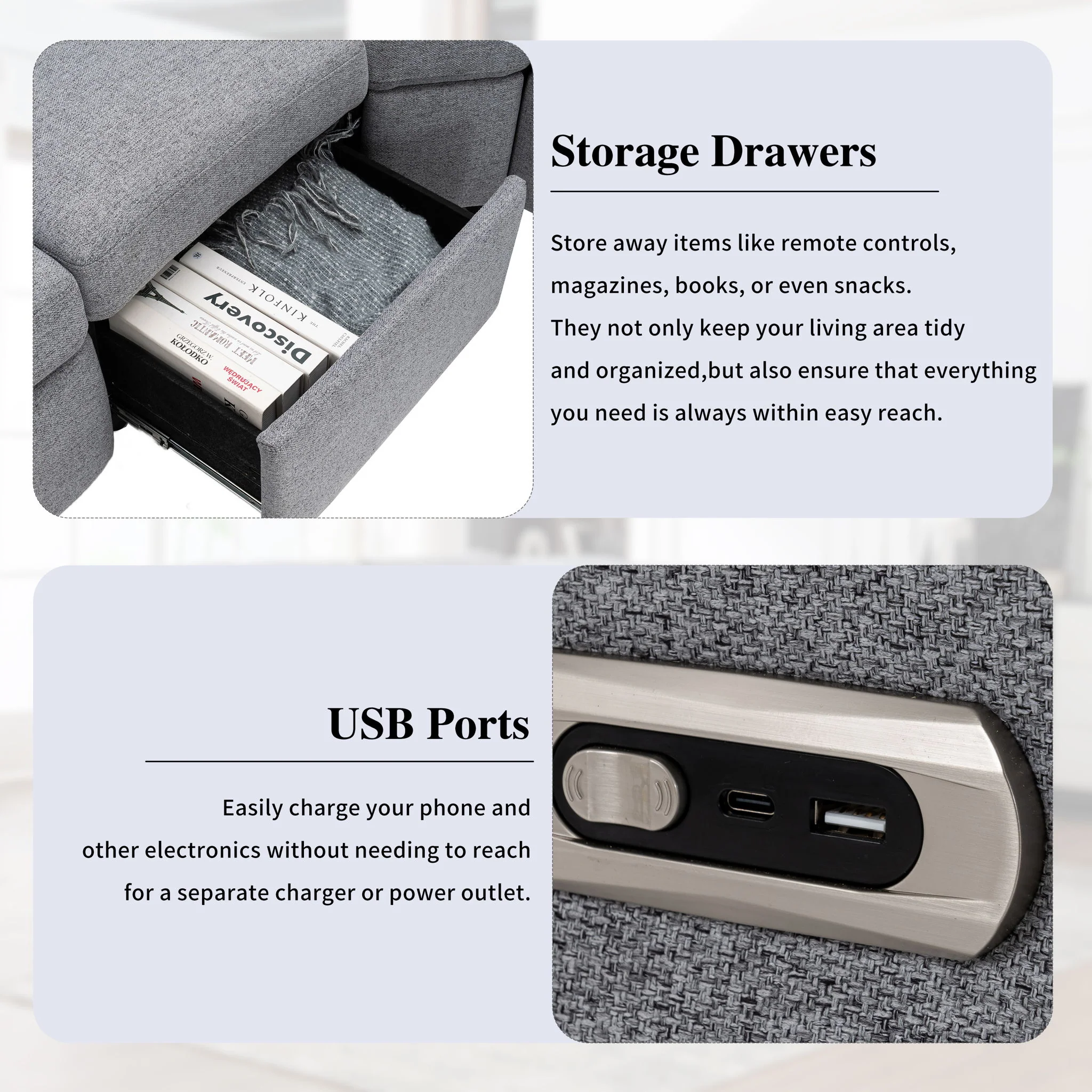 Power Recliner Sectional Sofa Home Theater Reclining Sofa With Two USB Ports, Two Storage Drawers For Living Room - Image 4