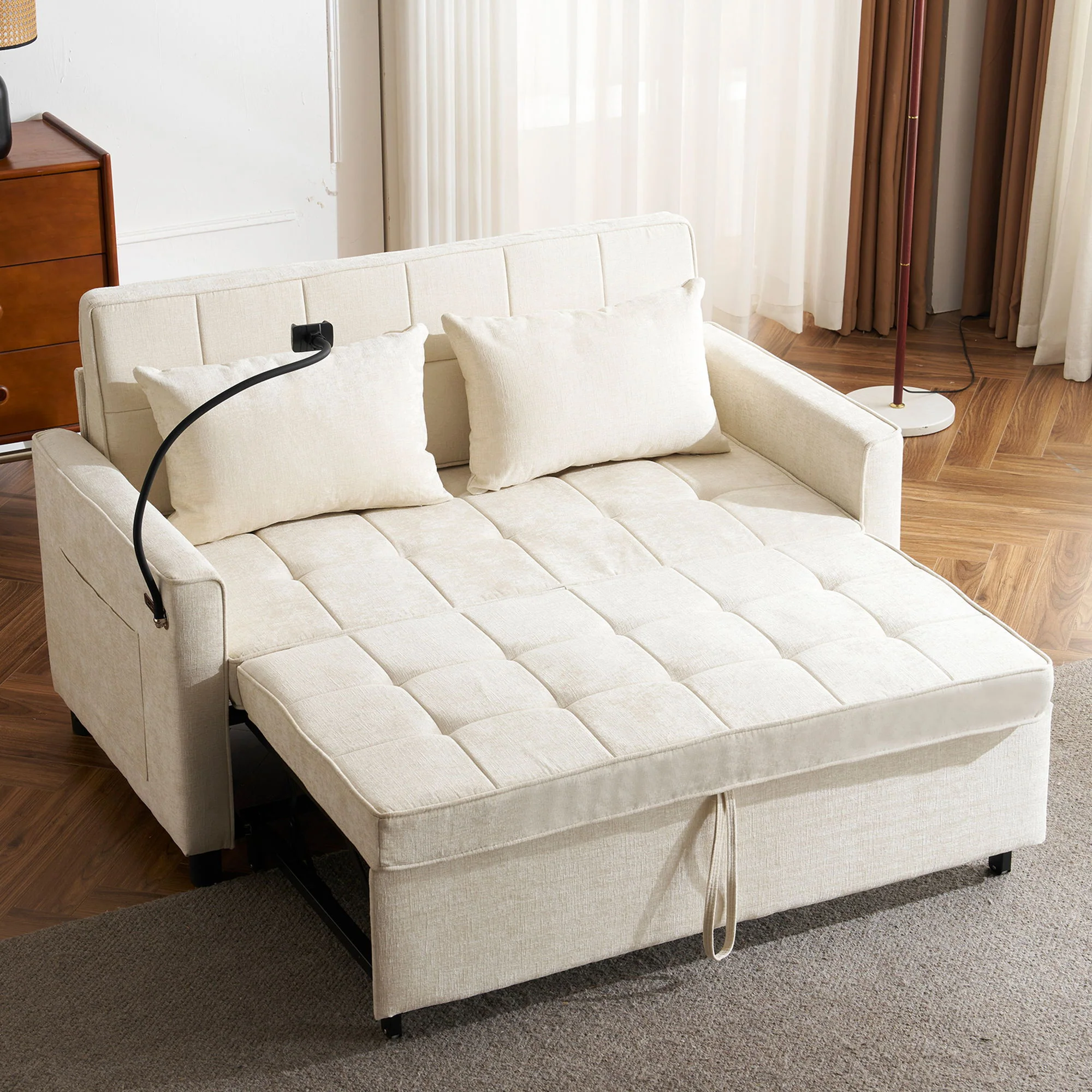 Pull-Out Sleeper Sofa With Reversible Backrest Cushion, Side Pockets, 2 USB Ports And A Phone Holder For Living Room - Image 27