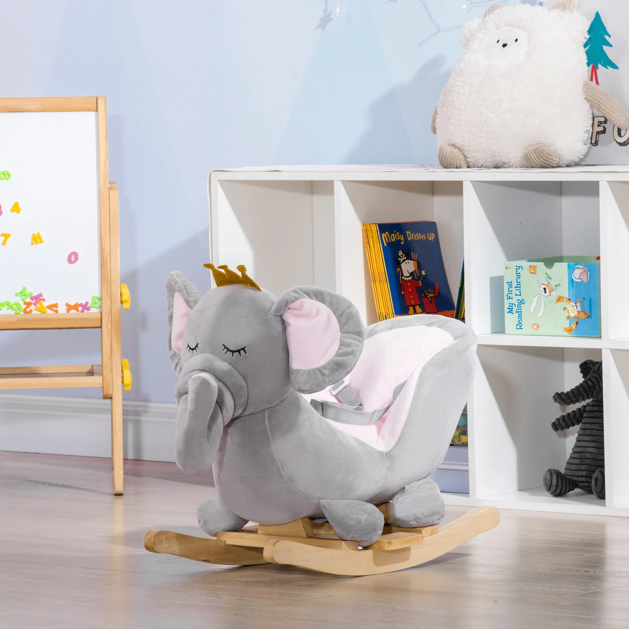Qaba - Baby Rocking Horse Elephant Rocking Chair Toddler Rocker Toy With Sound Wooden Base Seat Safety Belt For 1.5-3 Year Old - Gray - Image 7