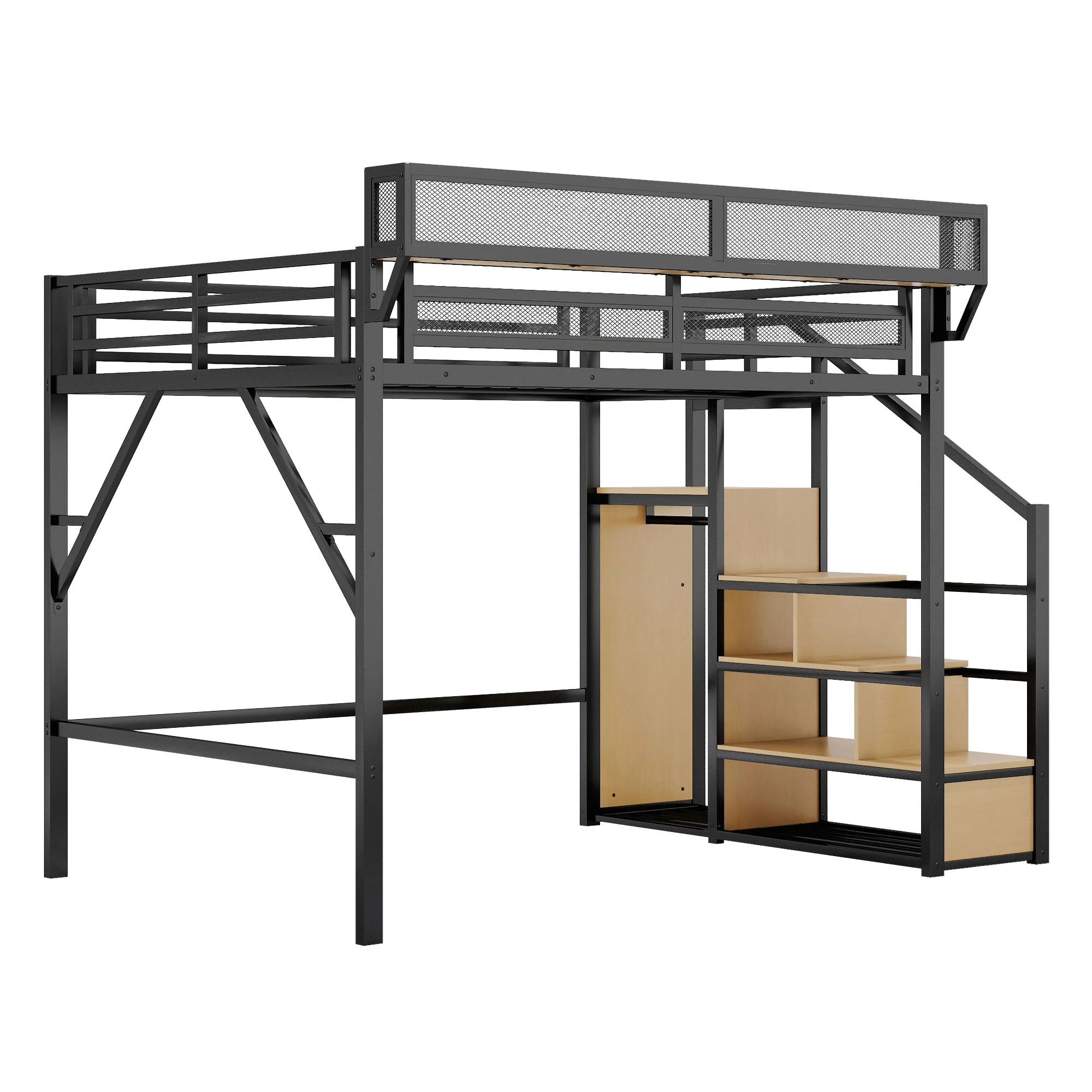 Queen Size Loft Bed & Stairs, Storage Shelves, Wardrobe - Black / Wood - Image 9