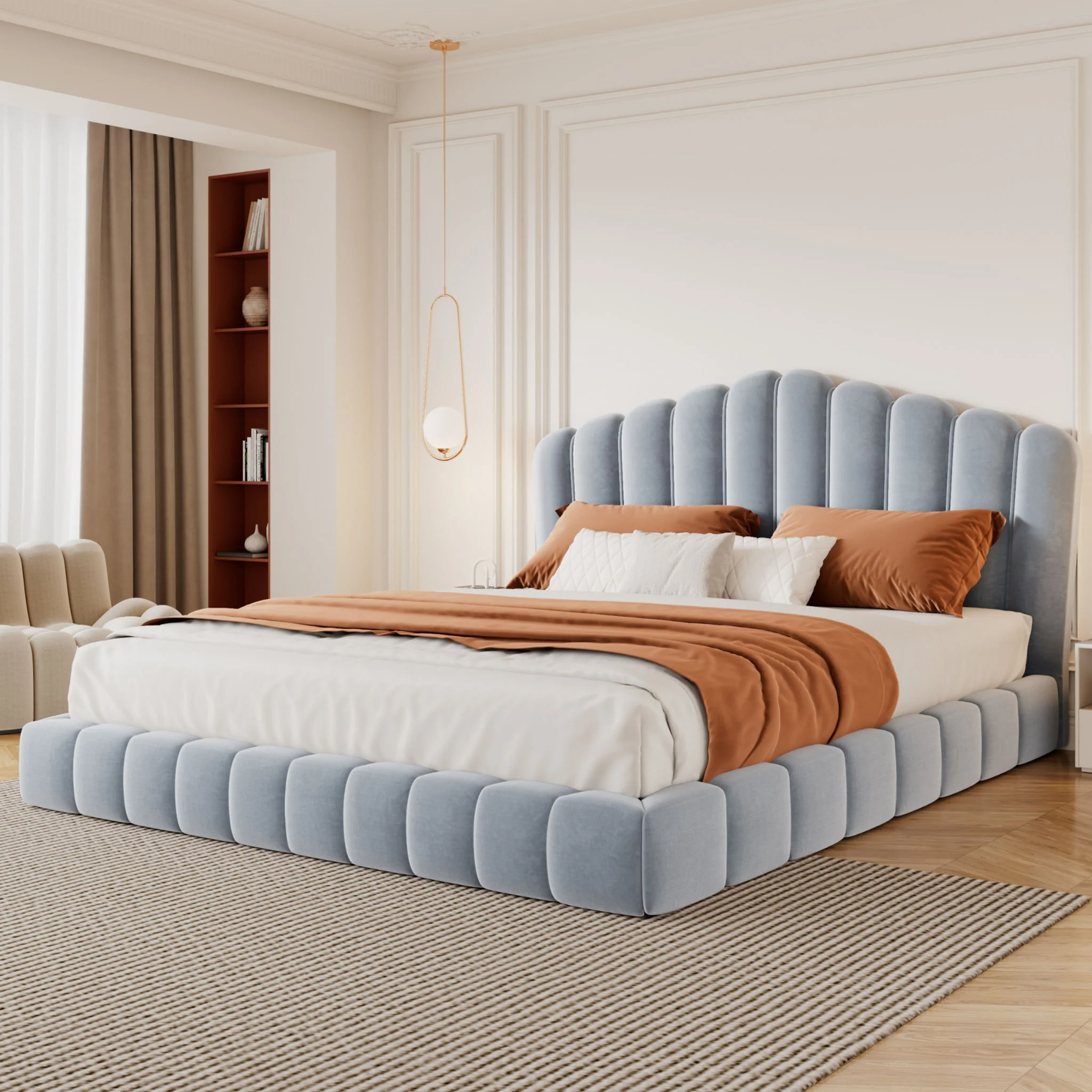 Queen Upholstered Bed Frame With Shell Shaped Headboard - Light Blue - Light Blue - Image 4