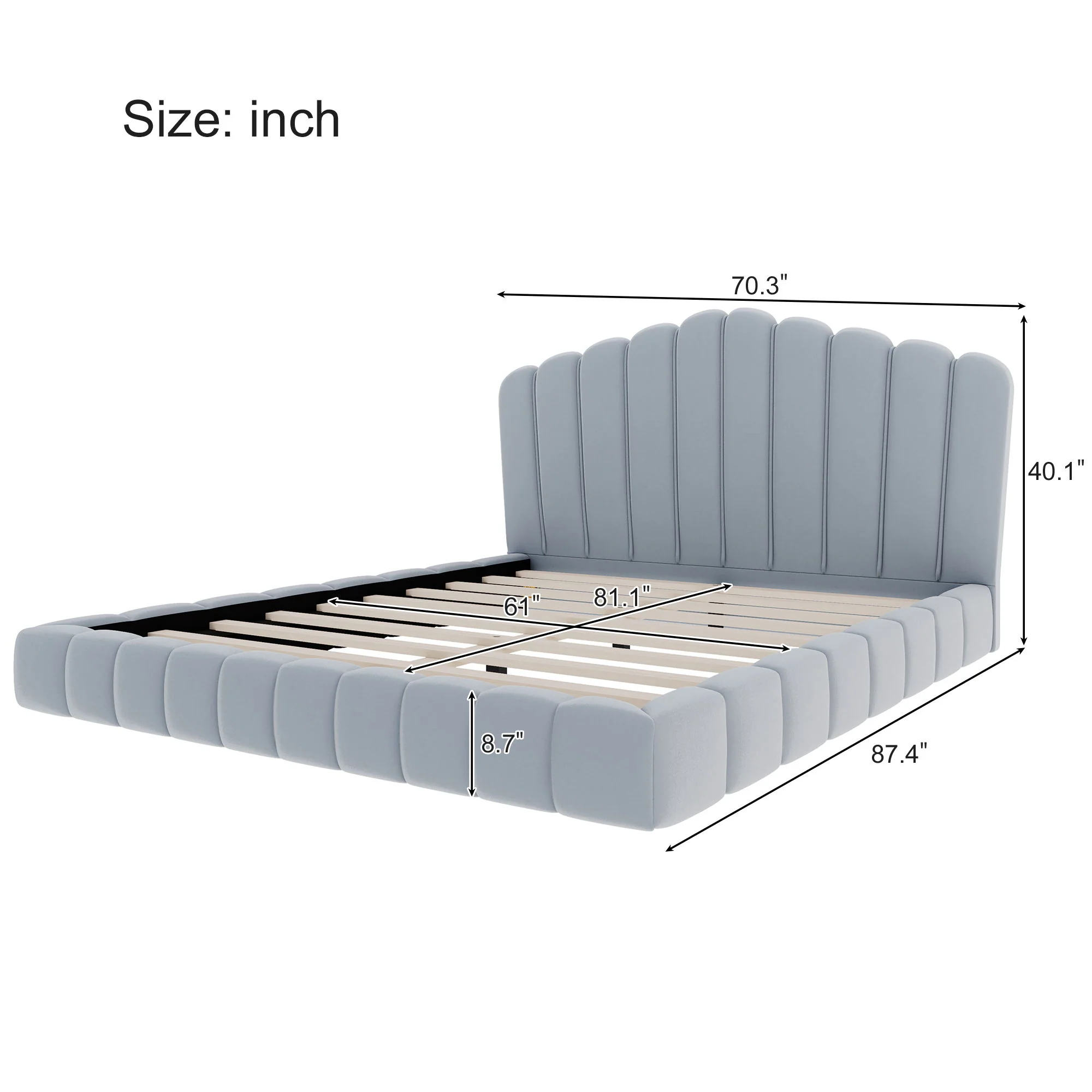 Queen Upholstered Bed Frame With Shell Shaped Headboard - Light Blue - Light Blue - Image 6