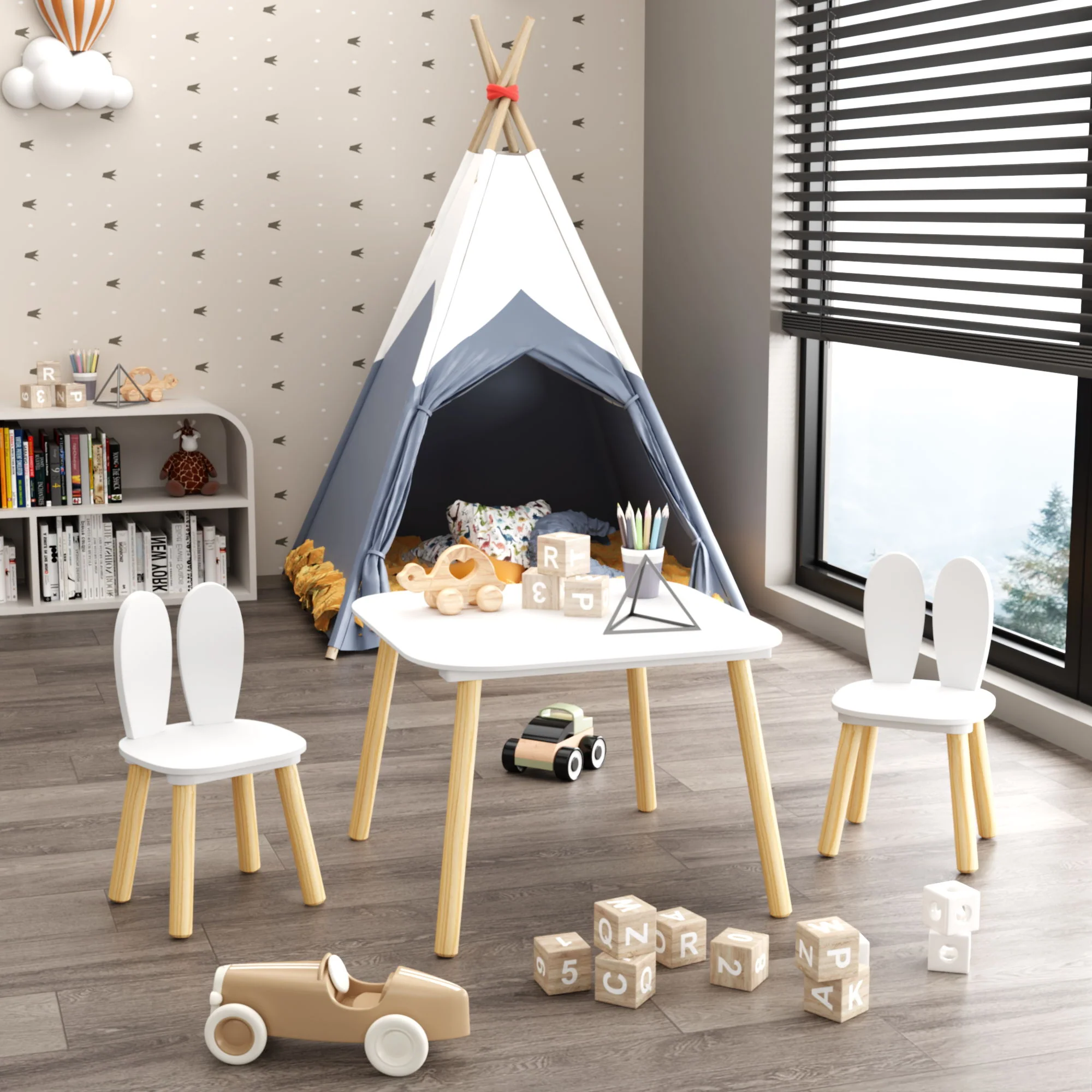 Rabbit Themed Table And 2 Chairs Set - White - Image 3