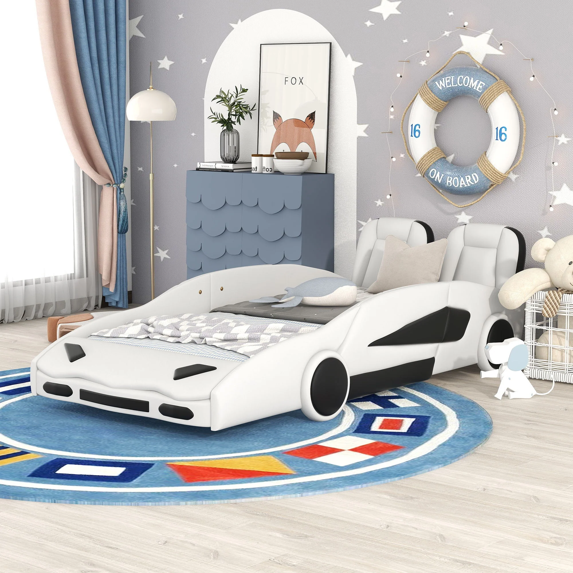 Race Car Shaped Twin Platform Bed With Wheels, Pine Wood Construction - Image 17