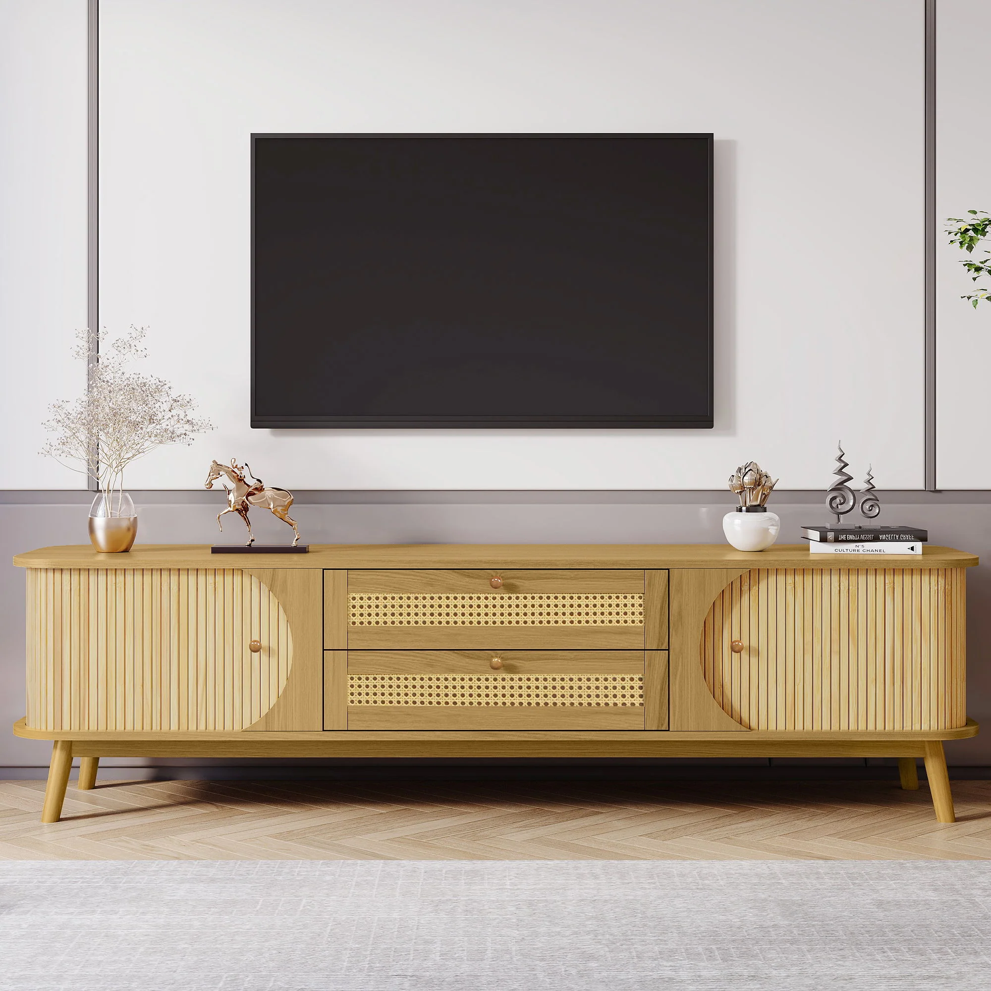 Rattan TV Stand For Tvs Up To 75'', Modern Farmhouse Media Console, Entertainment Center With Legs, TV Cabinet For Living Room, Home Theatre - Natural Wood - Image 7