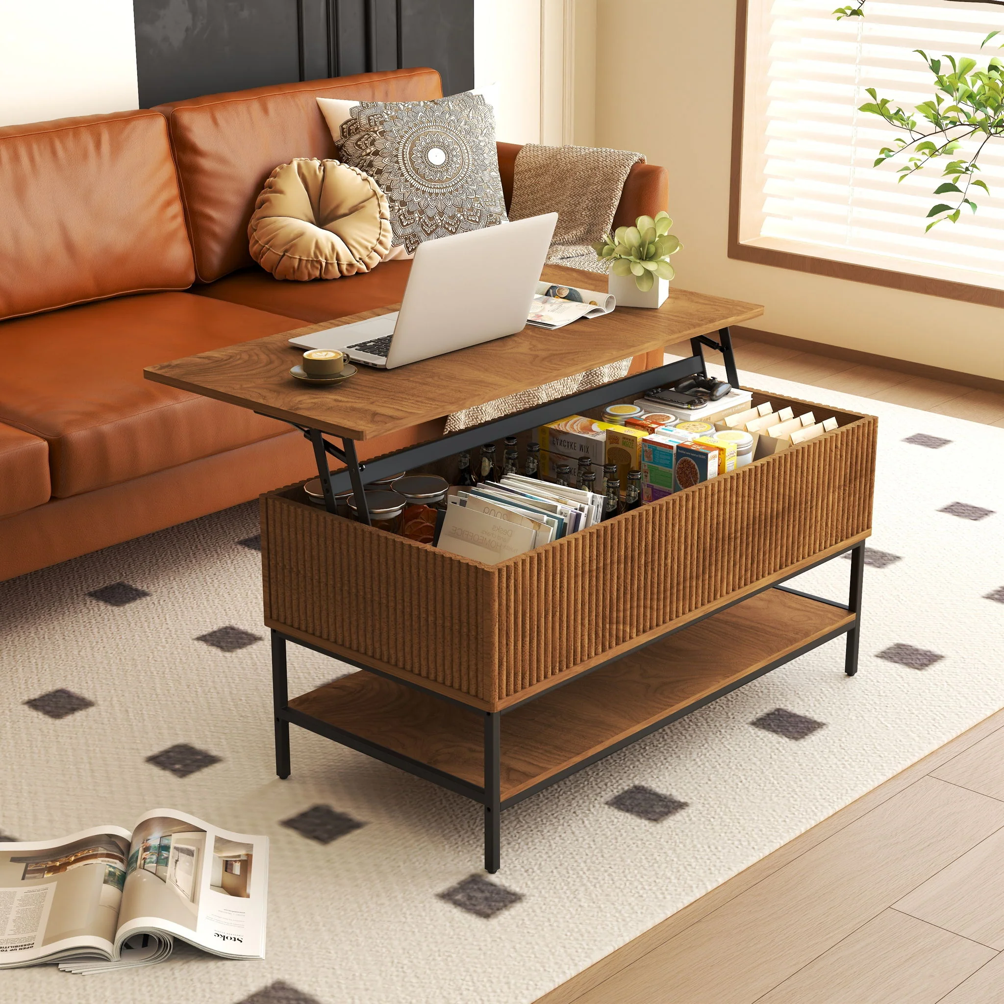 Rectangle Lift Top Coffee Table With Hidden Storage And Lower Shelf - Brown - Image 5