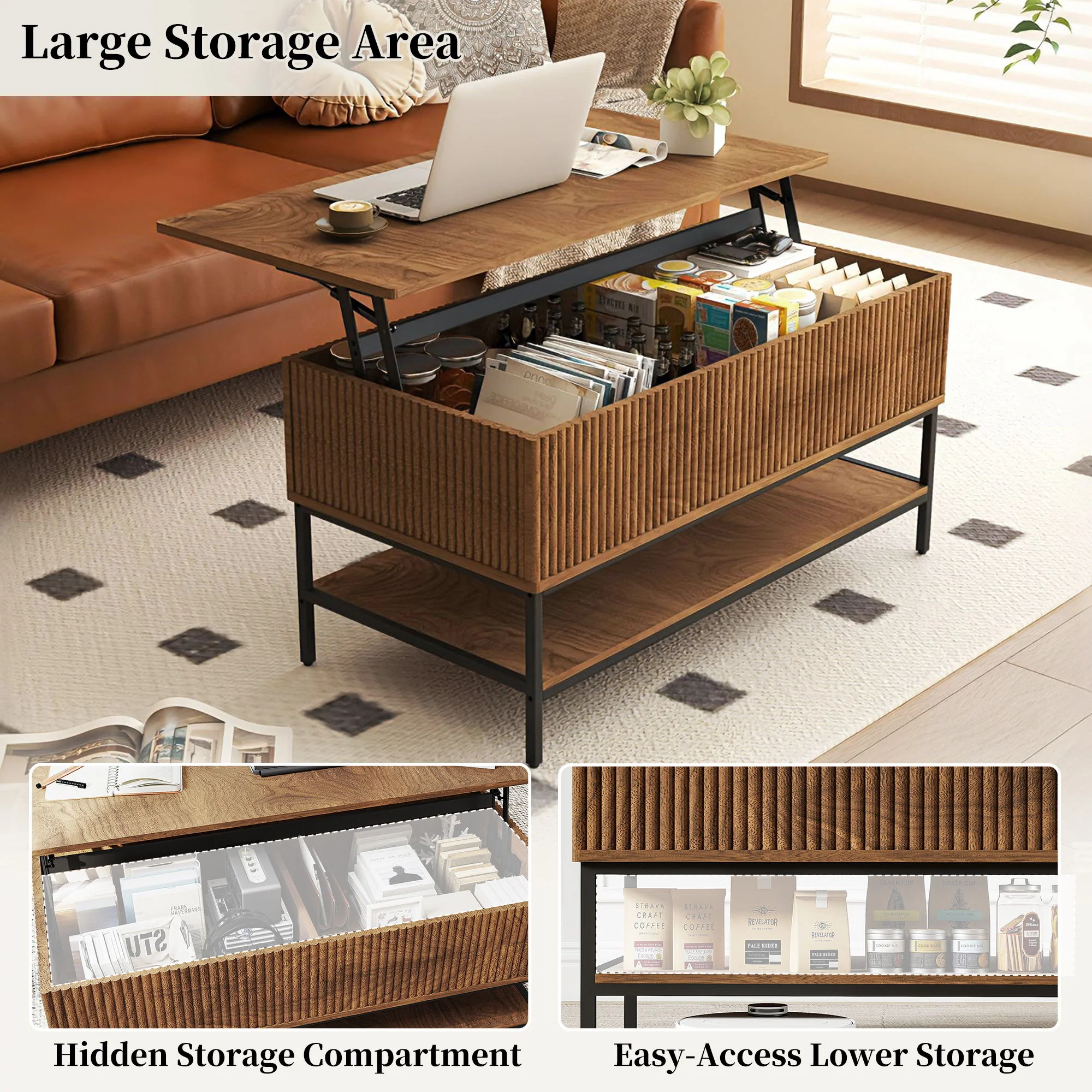 Rectangle Lift Top Coffee Table With Hidden Storage And Lower Shelf - Brown - Image 6