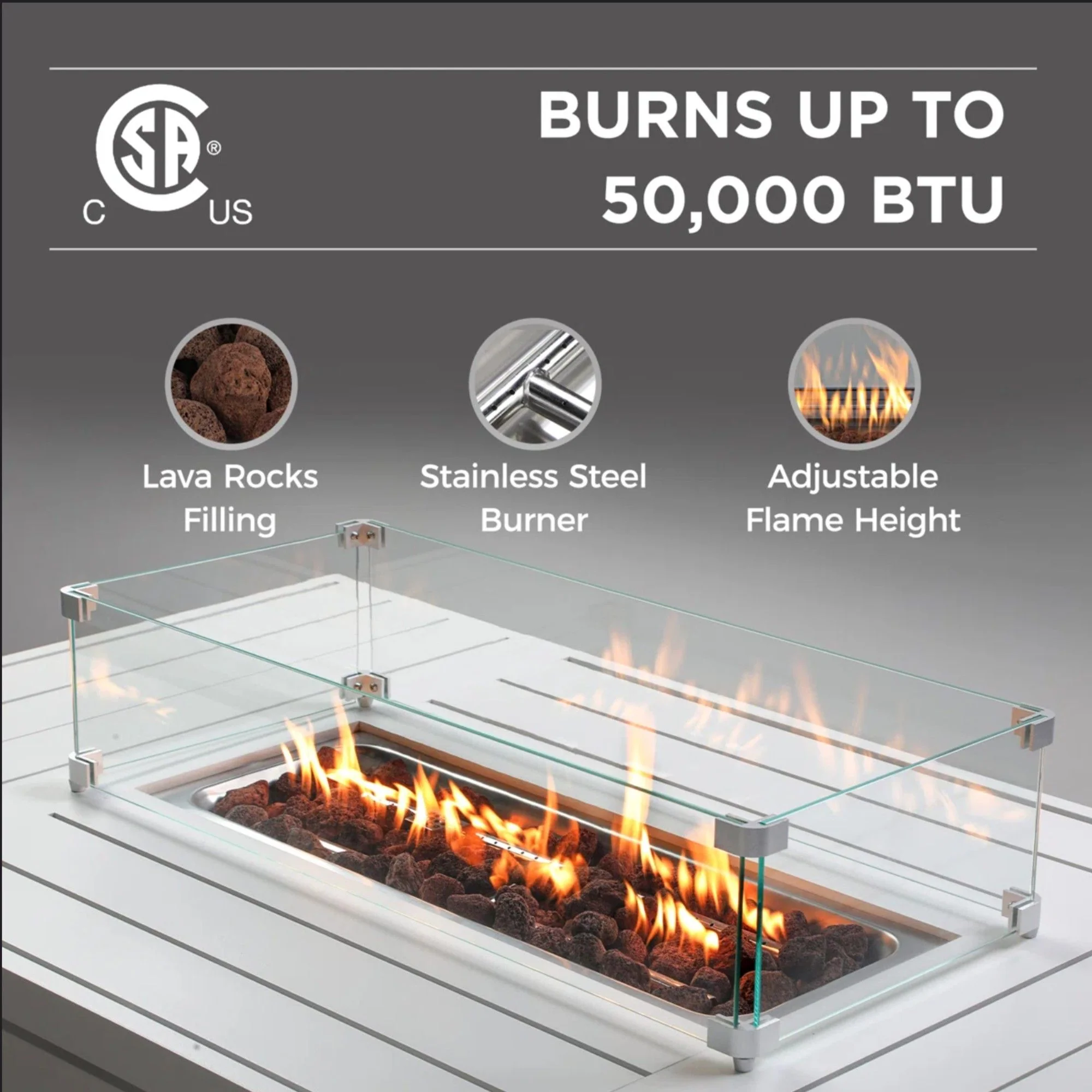 Rectangular Propane Fire Pit Table With Burner, Lava Rock, Waterproof Cover - Image 10