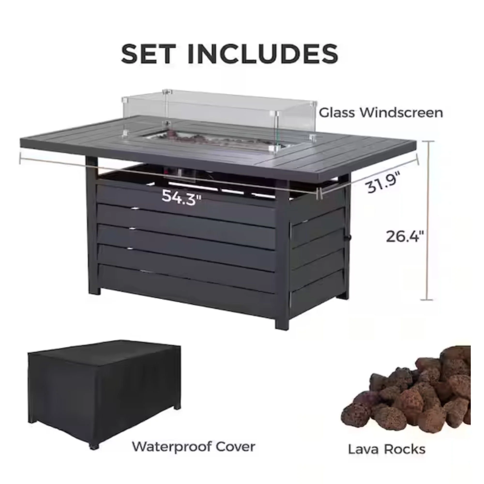 Rectangular Propane Fire Pit Table With Burner, Lava Rock, Waterproof Cover - Image 25