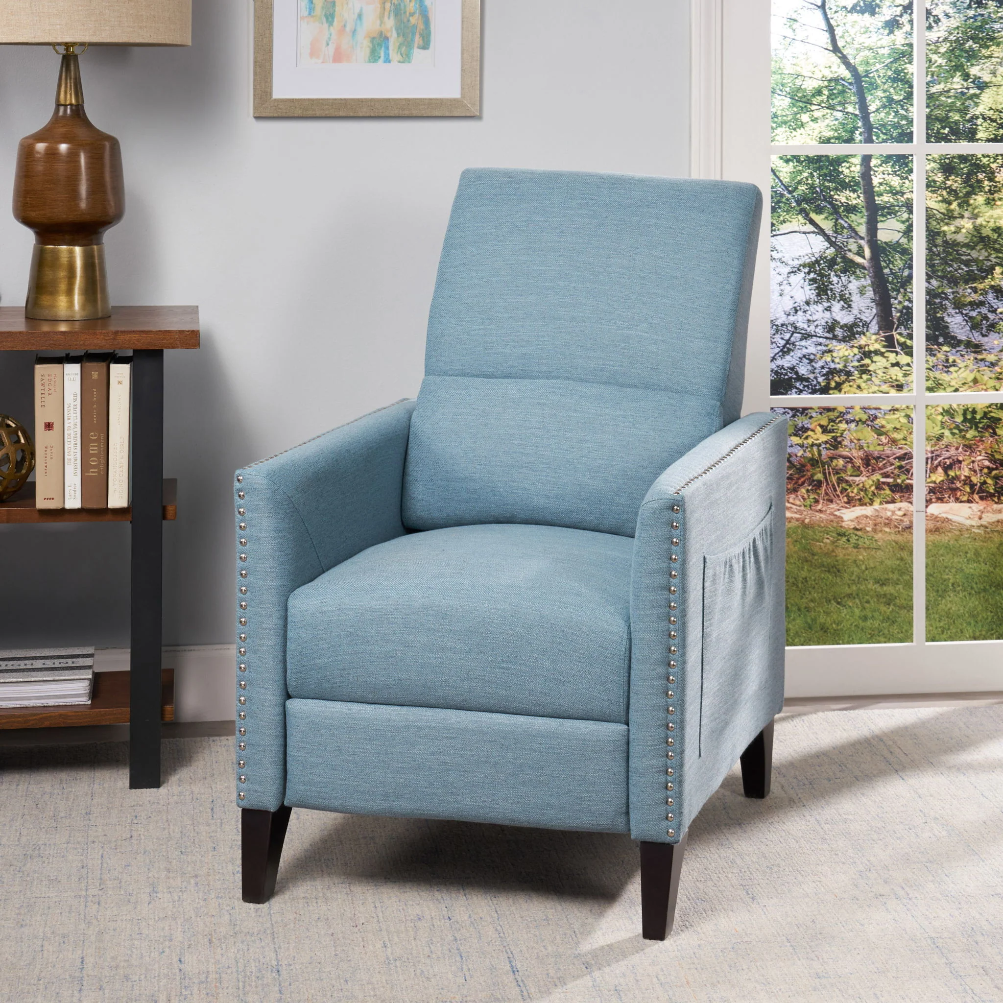 Repose Upholstered Recliner Chair With Nailhead Trim And Side Pocket - Light Blue - Image 3