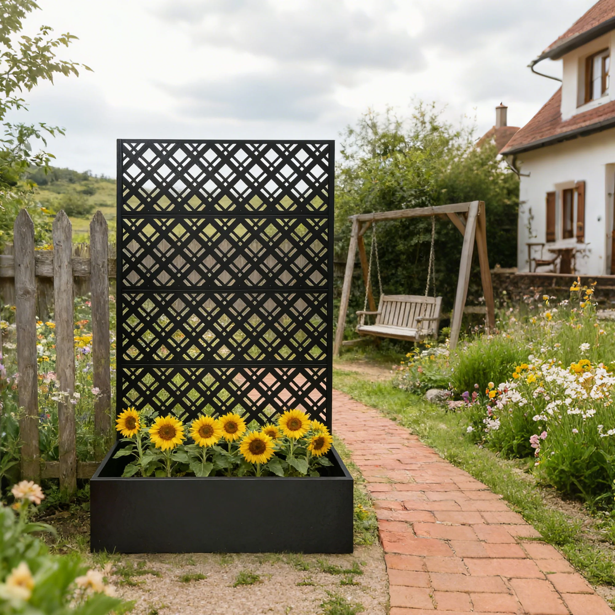 Rhombus Planter Raised Garden Bed With Trellis For Climbing Plants - Black - Image 4