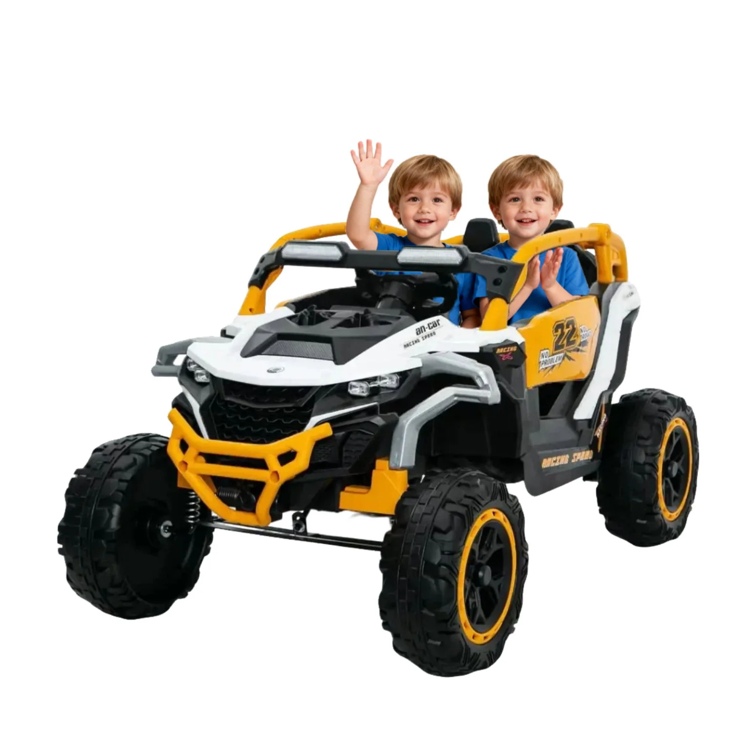 Ride On Models 12V Kids Electric Truck With Remote Control, Front & Rear Suspension, 2 Seater UTV, Flashlights, Music Player - Yellow / White - Image 7