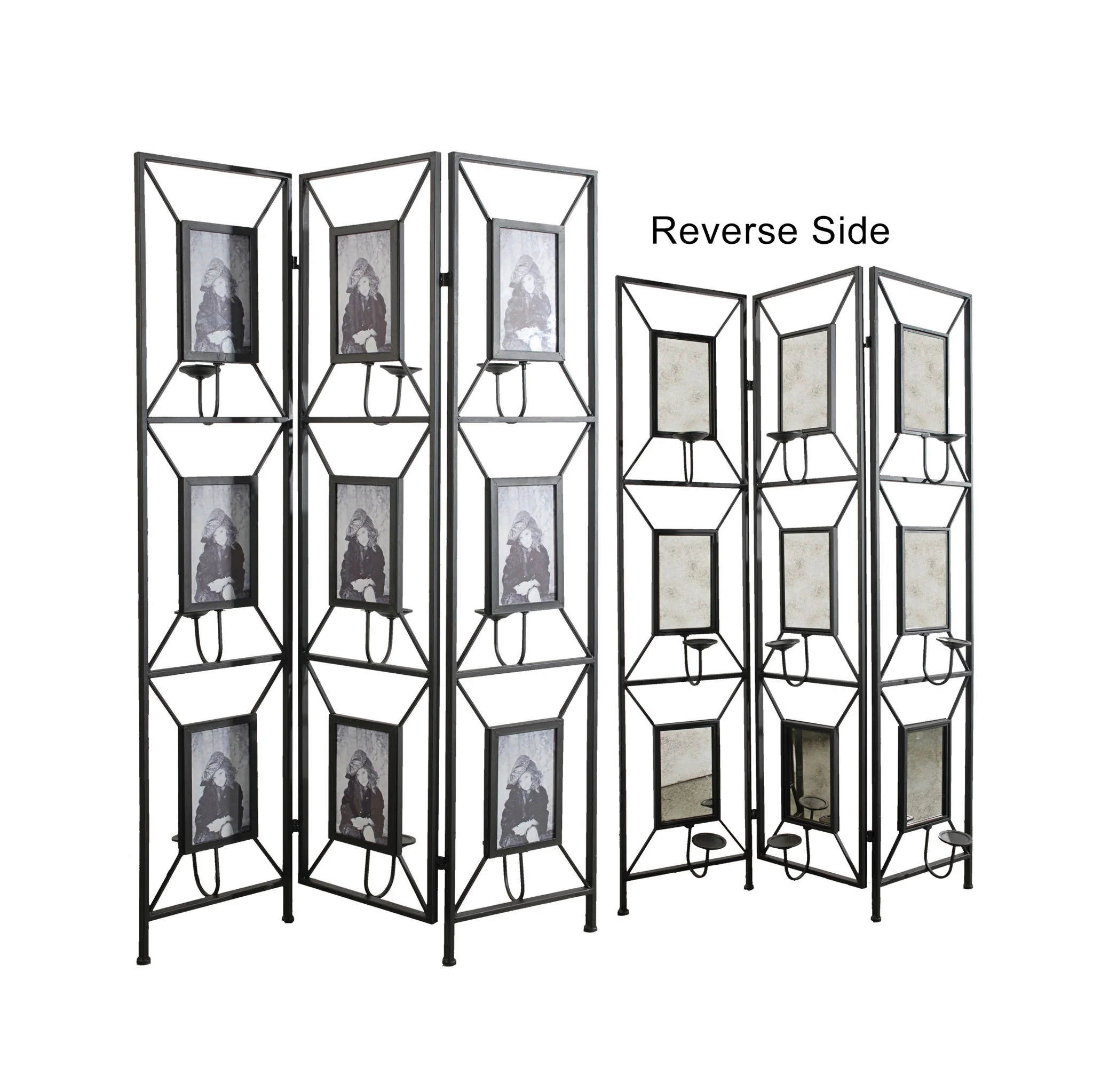 Room Photo Frames Screen Divider Screens, 3 Panel Decorative Screen With Photo Frames, Antique Mirror, Candle Stick - Black - Image 6