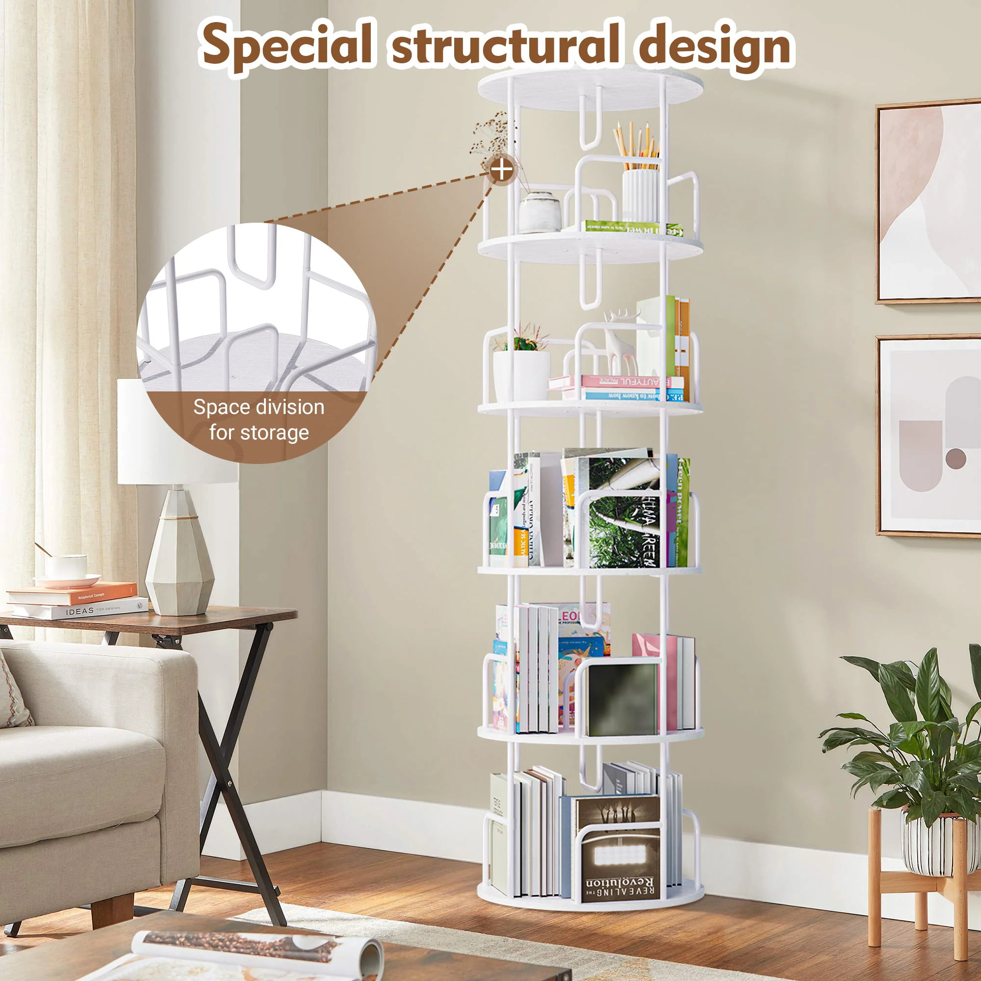 Rotating Bookshelf Tower 5 Tier Spinning 360 Degree Revolving Storage Shelf - Image 12
