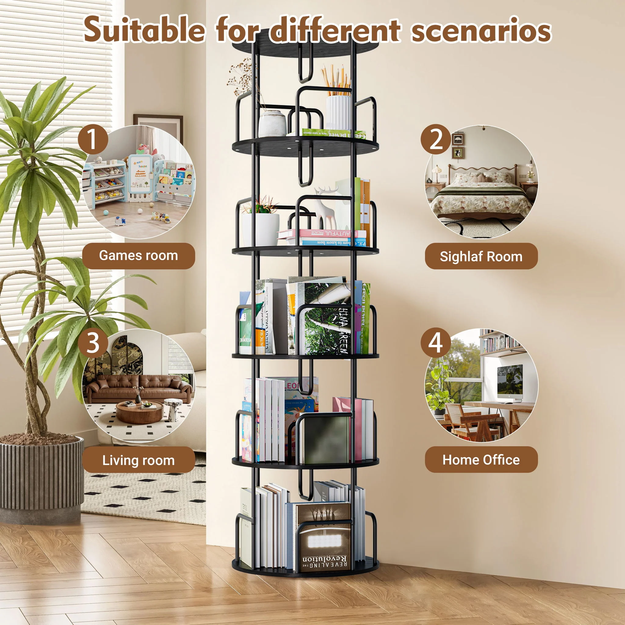 Rotating Bookshelf Tower 5 Tier Spinning 360 Degree Revolving Storage Shelf - Image 13