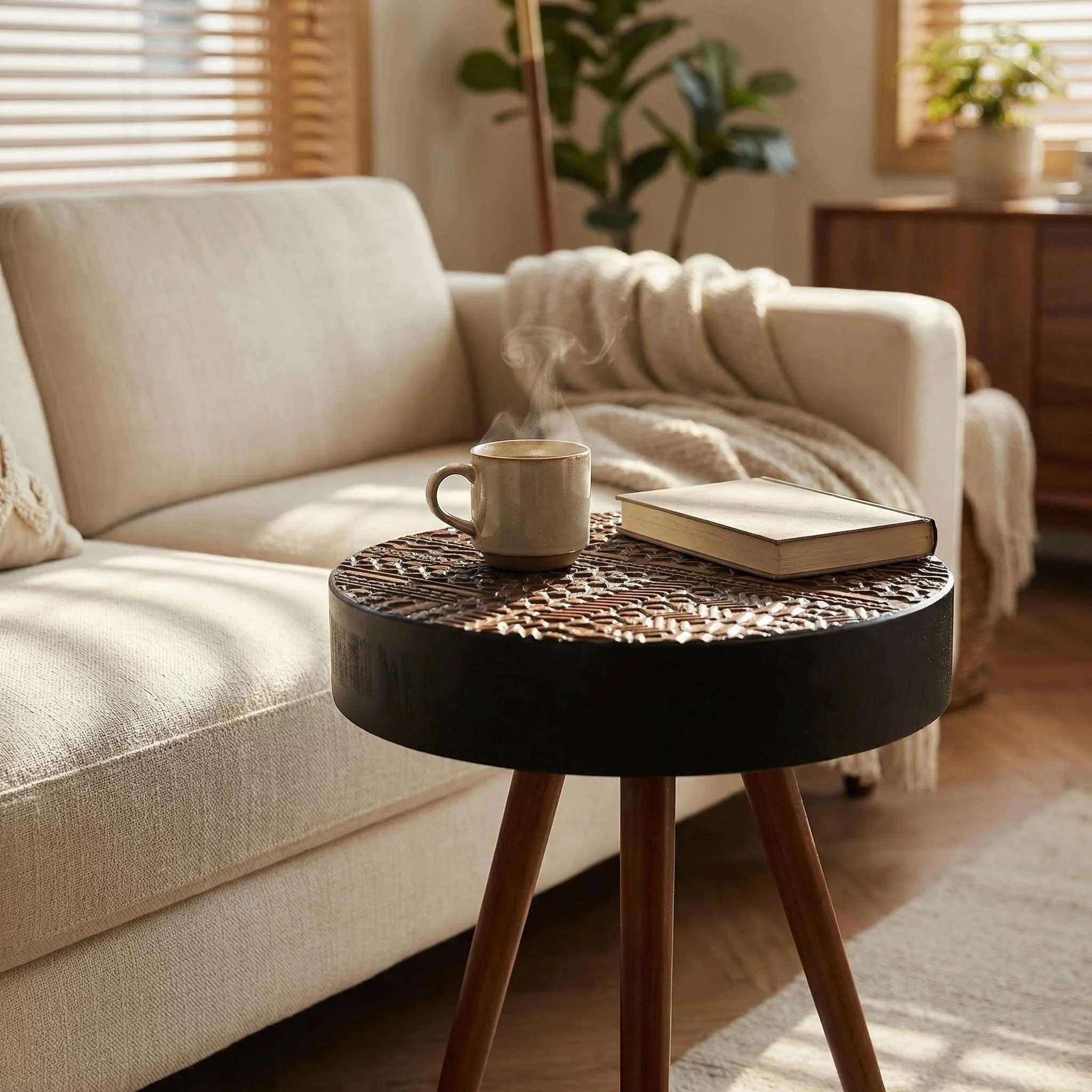 Round Coffee Table With Carved Top For Living Room - Image 12
