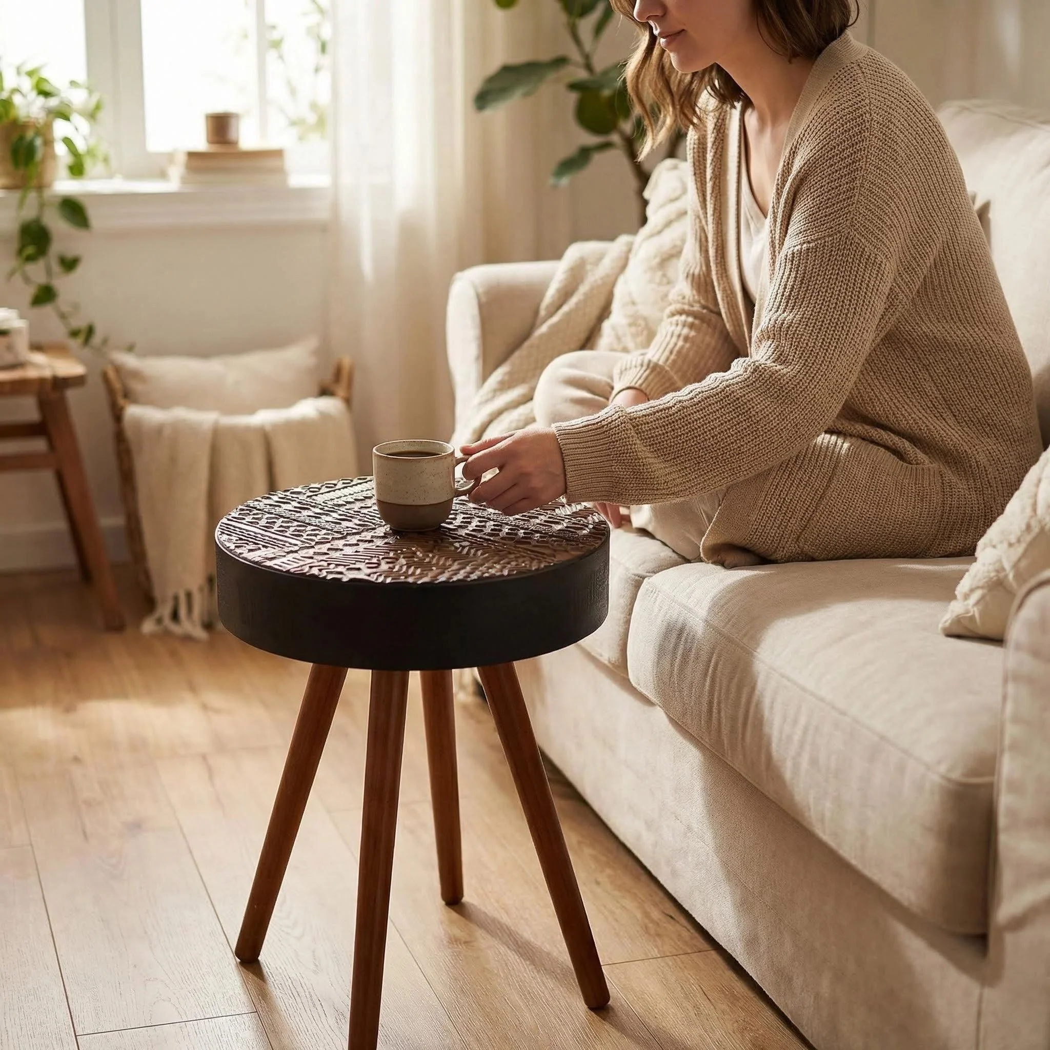 Round Coffee Table With Carved Top For Living Room - Image 3
